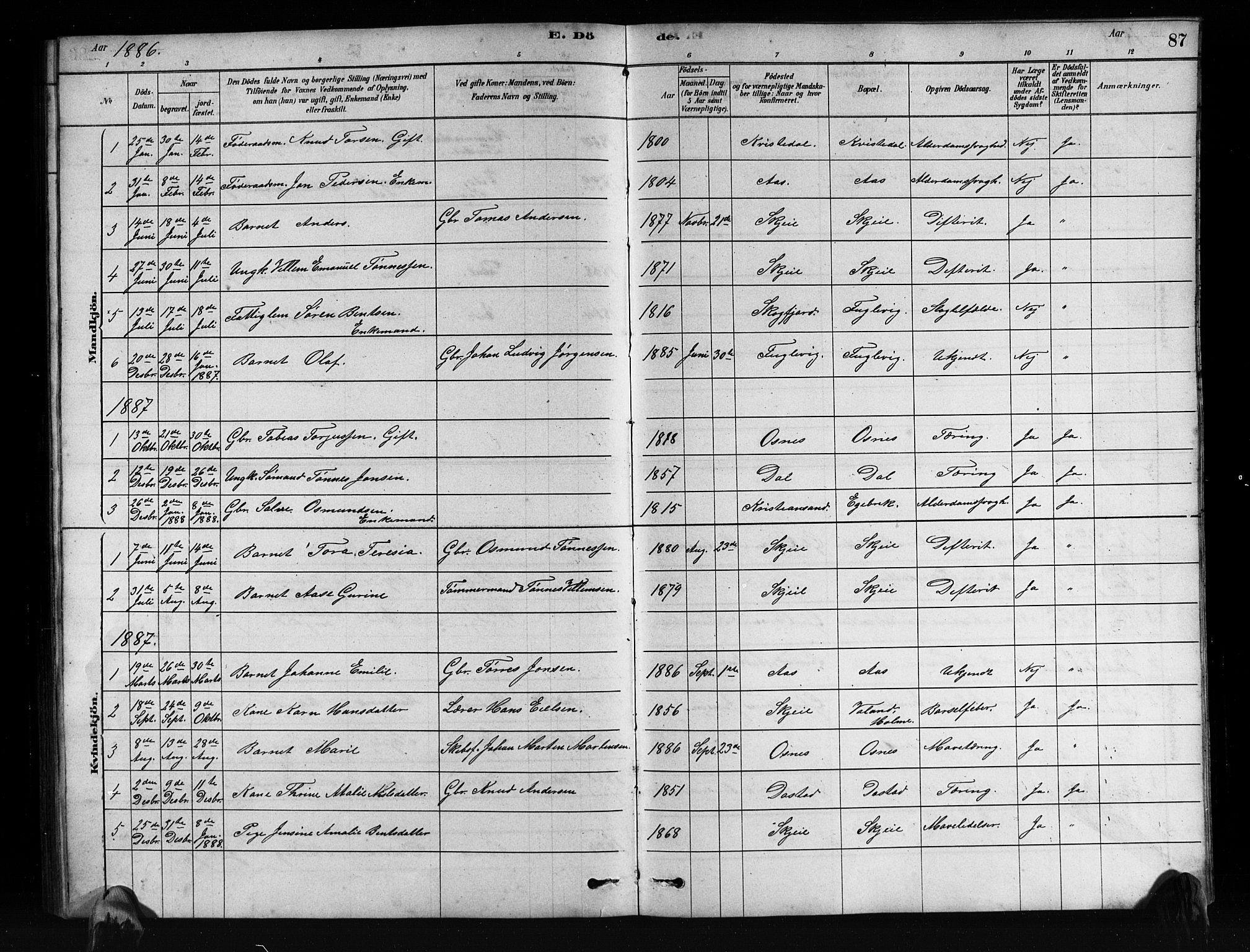 Mandal sokneprestkontor, SAK/1111-0030/F/Fb/Fbb/L0004: Parish register (copy) no. B 4, 1878-1913, p. 87