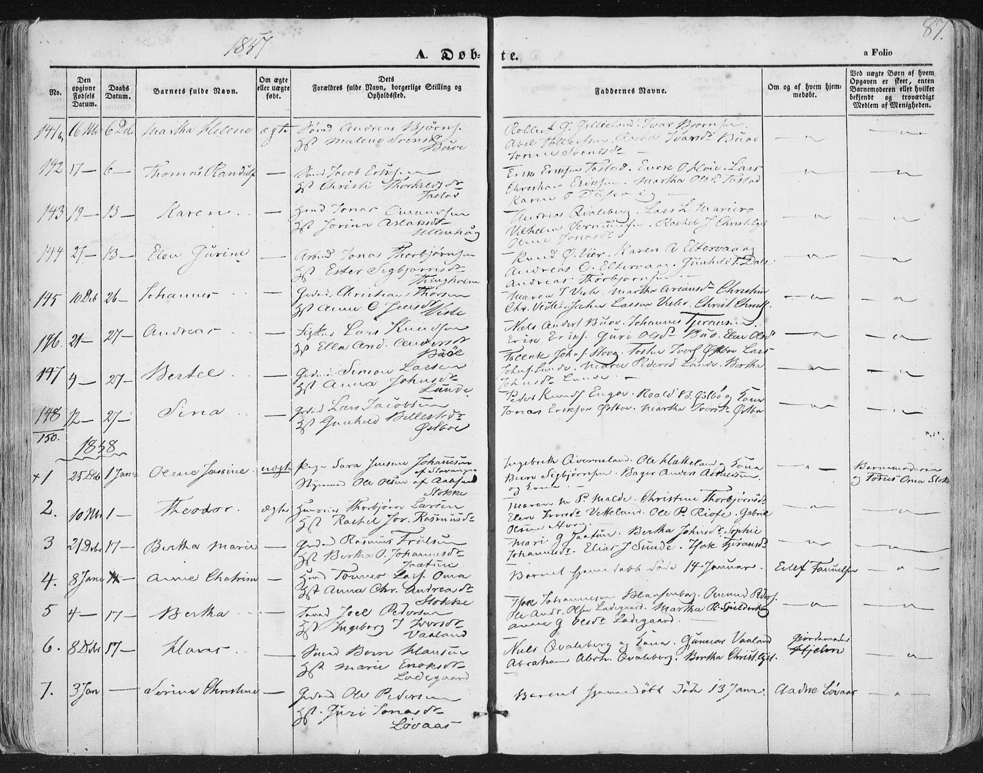 Hetland sokneprestkontor, AV/SAST-A-101826/30/30BA/L0002: Parish register (official) no. A 2, 1849-1869, p. 87