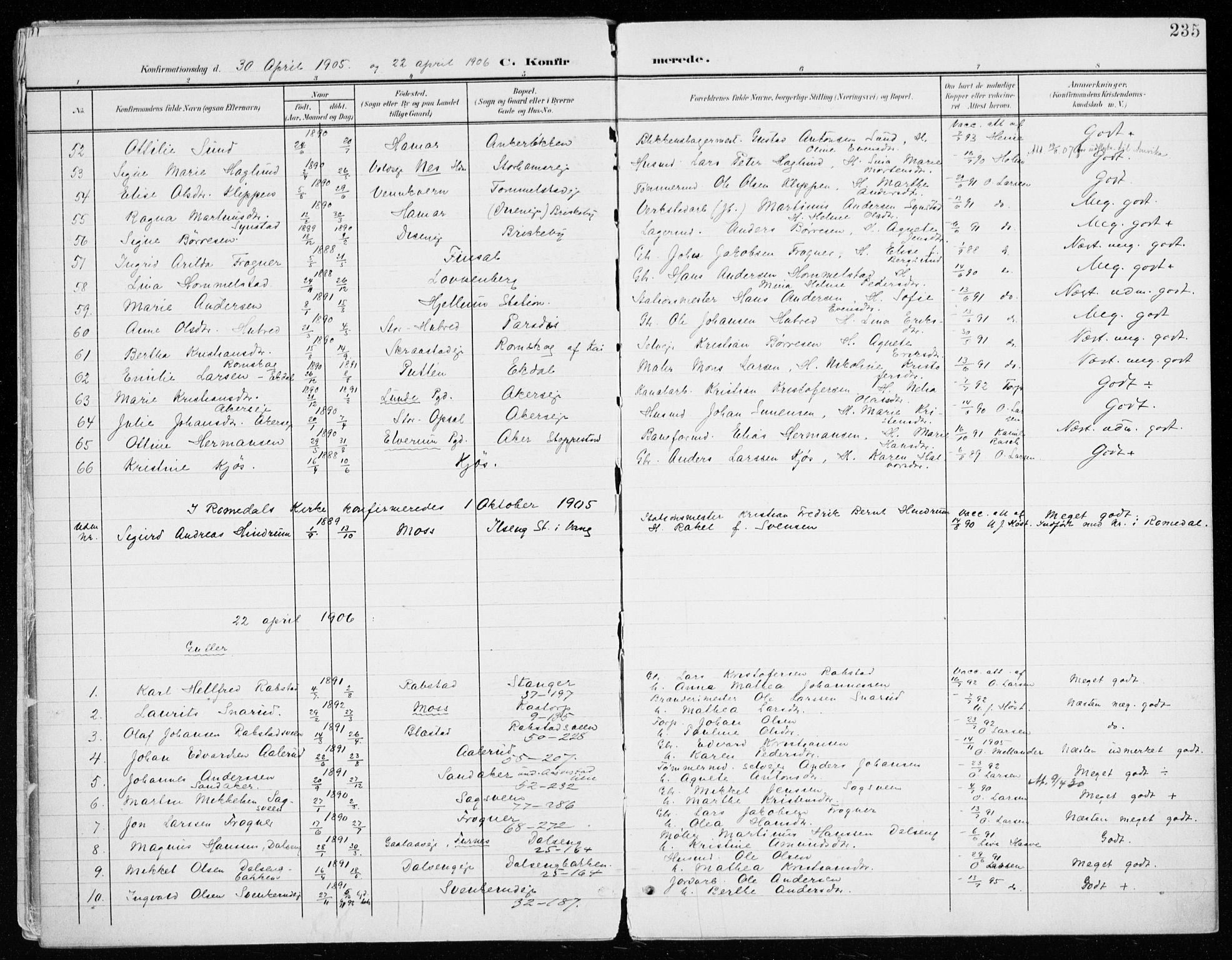 Vang prestekontor, Hedmark, SAH/PREST-008/H/Ha/Haa/L0021: Parish register (official) no. 21, 1902-1917, p. 235
