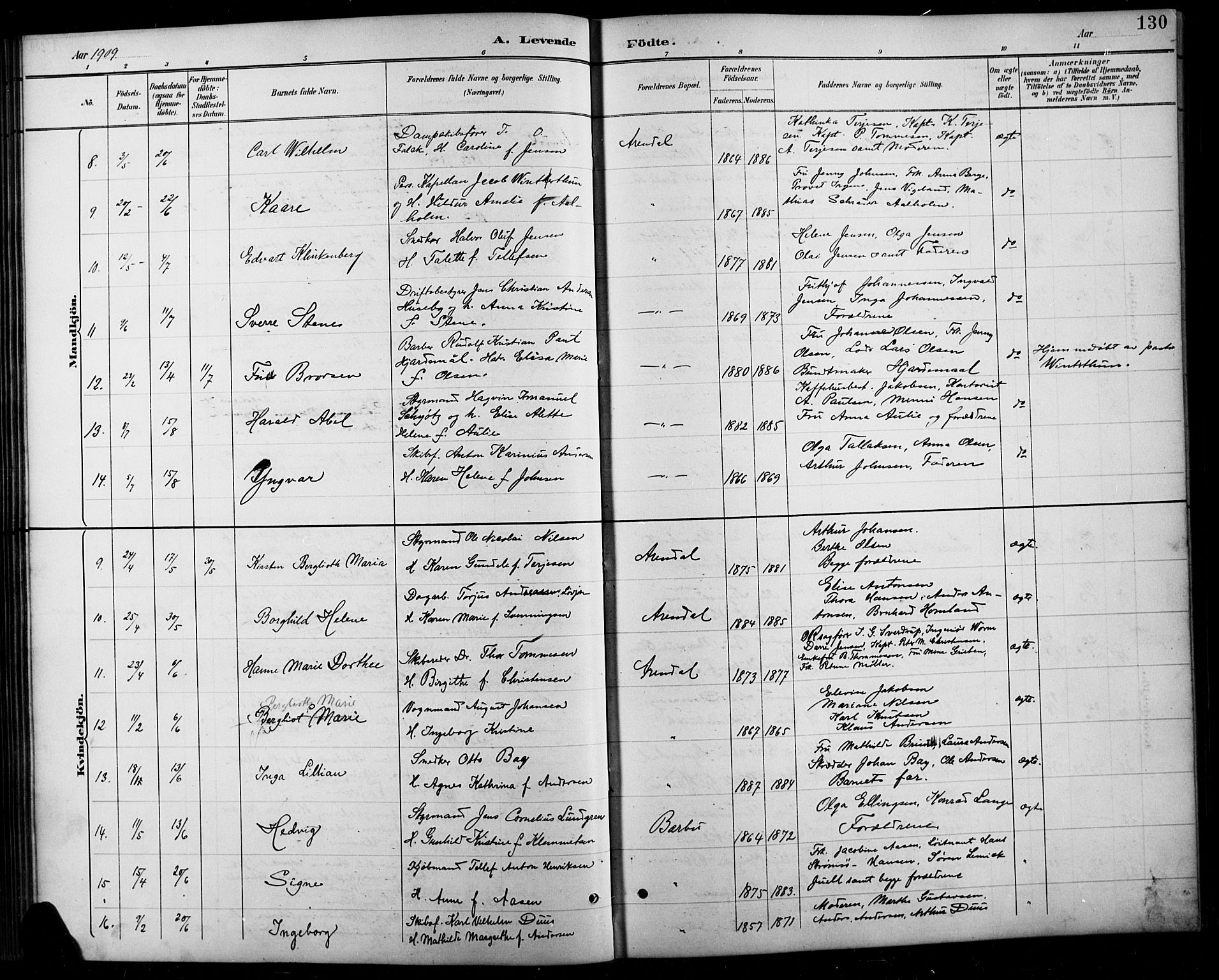 Arendal sokneprestkontor, Trefoldighet, SAK/1111-0040/F/Fb/L0006: Parish register (copy) no. B 6, 1889-1916, p. 130