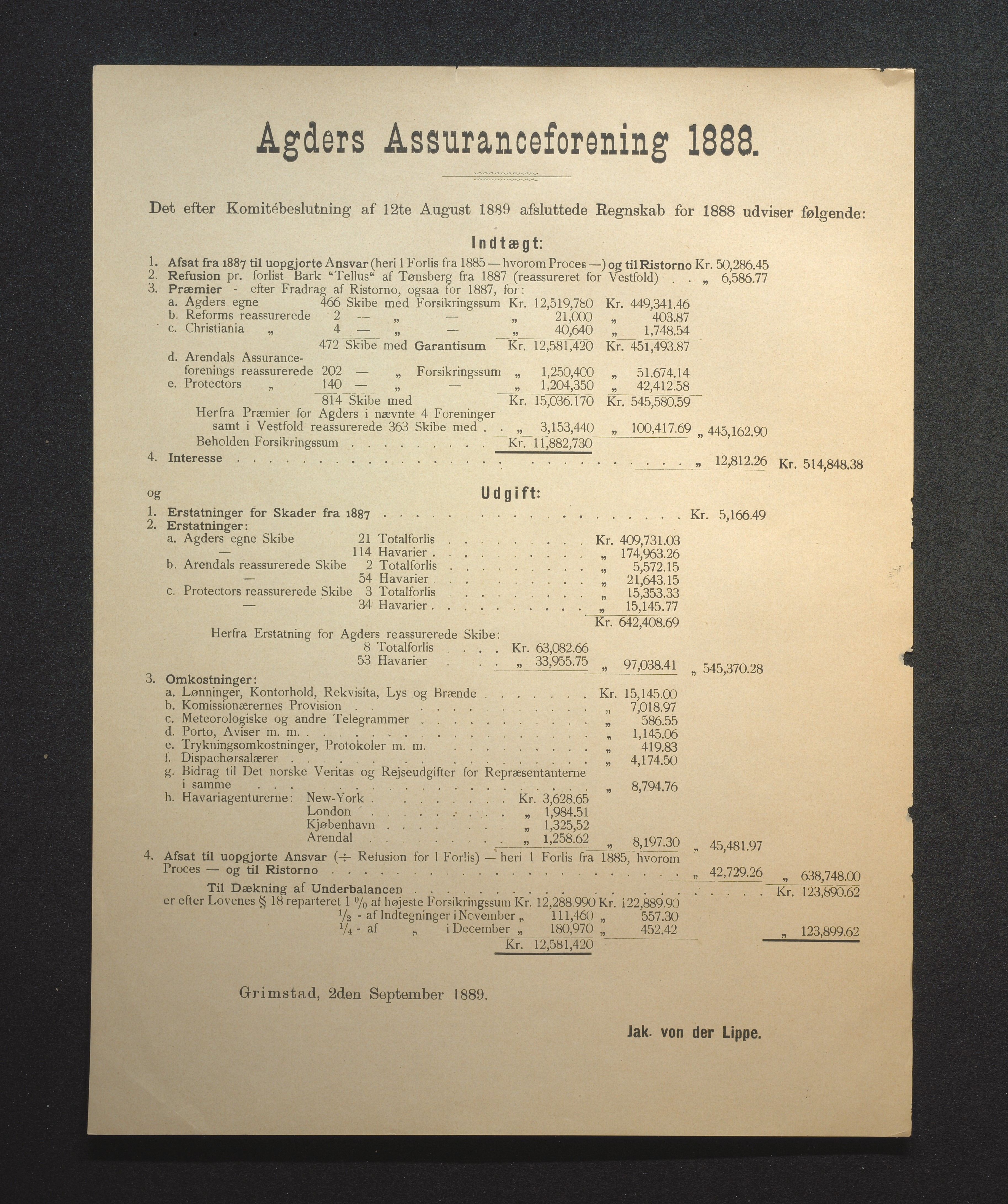 Agders Gjensidige Assuranceforening, AAKS/PA-1718/05/L0002: Regnskap, seilavdeling, pakkesak, 1881-1889