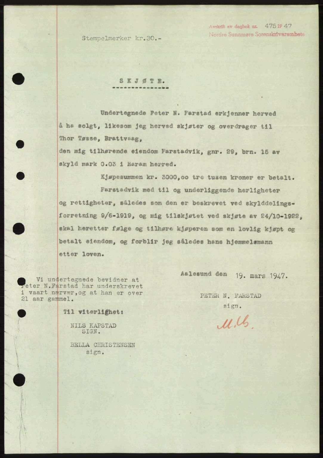 Nordre Sunnmøre sorenskriveri, AV/SAT-A-0006/1/2/2C/2Ca: Mortgage book no. A24, 1947-1947, Diary no: : 475/1947