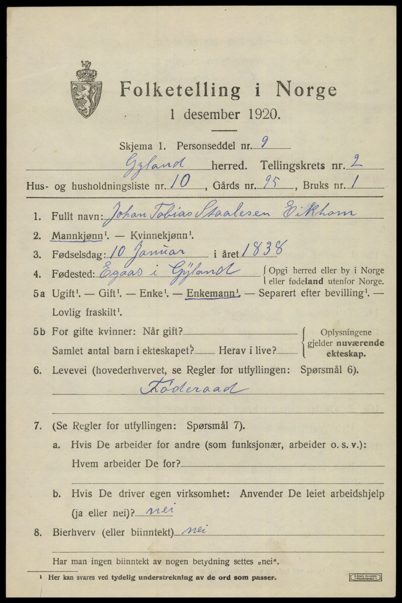 SAK, 1920 census for Gyland, 1920, p. 846