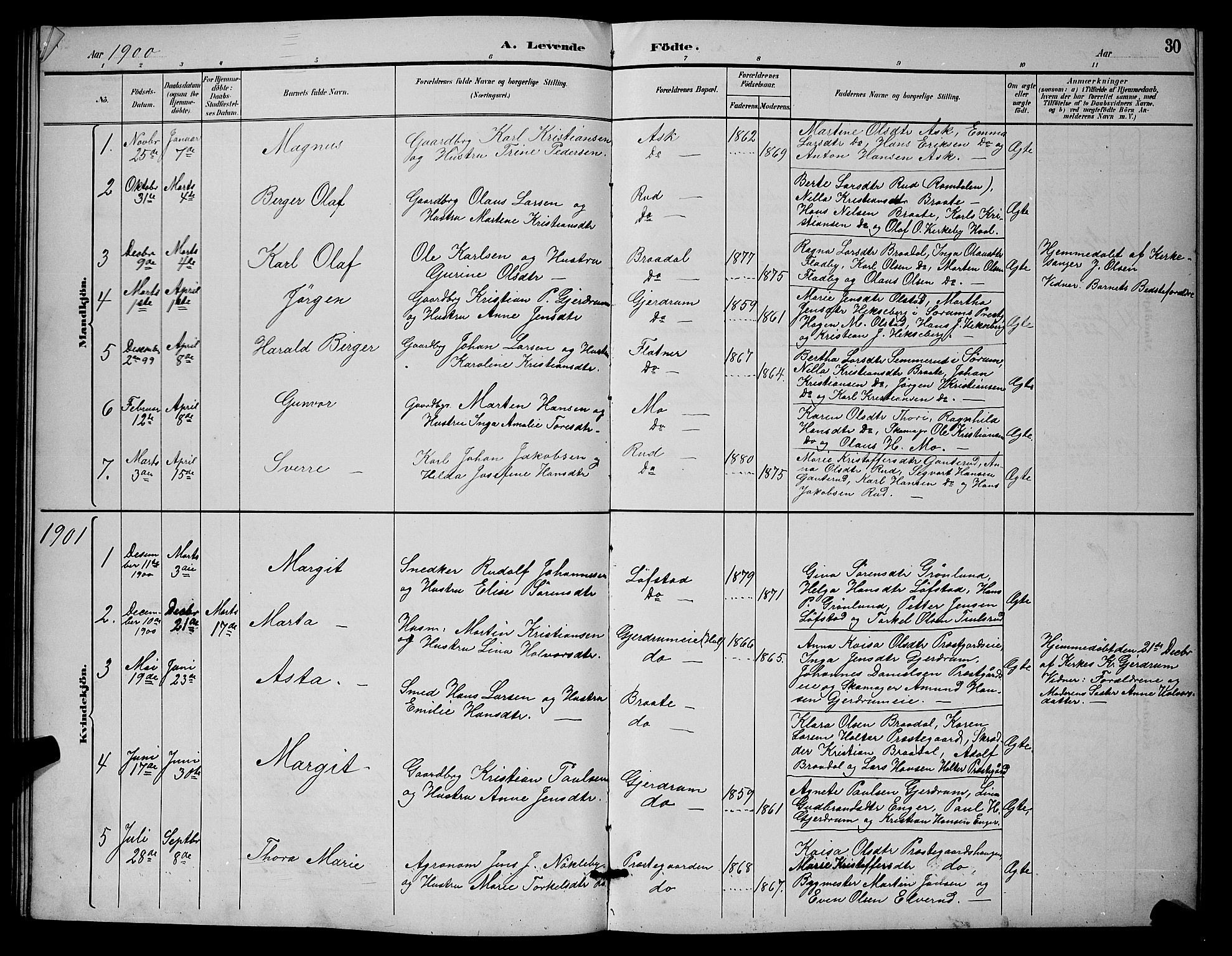 Gjerdrum prestekontor Kirkebøker, AV/SAO-A-10412b/G/Ga/L0005: Parish register (copy) no. I 5, 1891-1901, p. 30