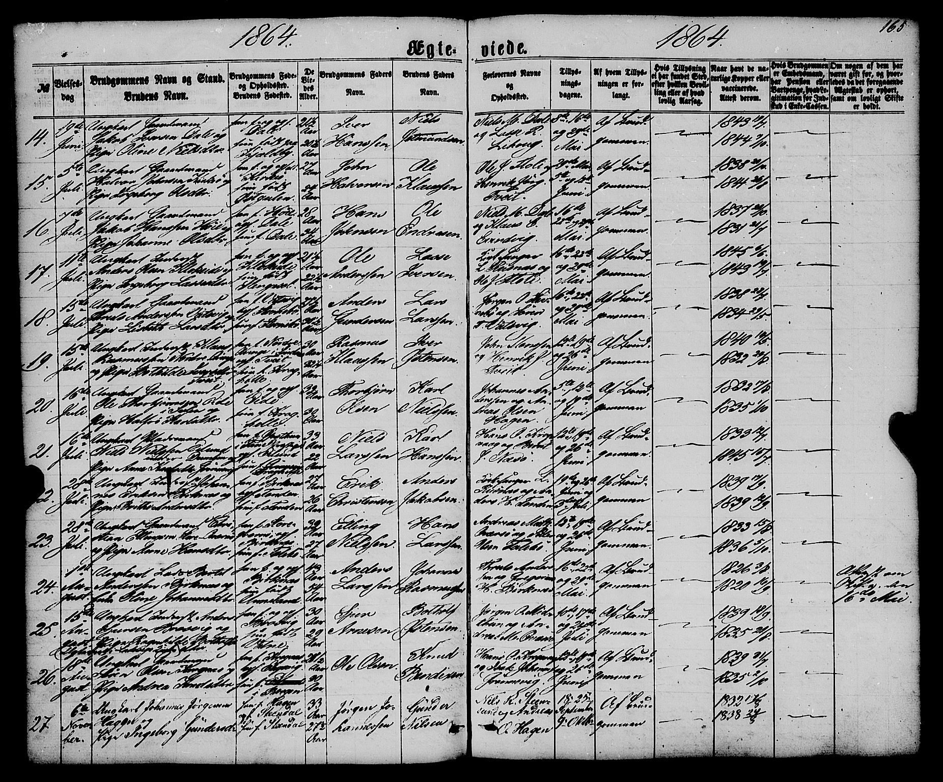 Gulen sokneprestembete, AV/SAB-A-80201/H/Haa/Haaa/L0022: Parish register (official) no. A 22, 1859-1869, p. 165