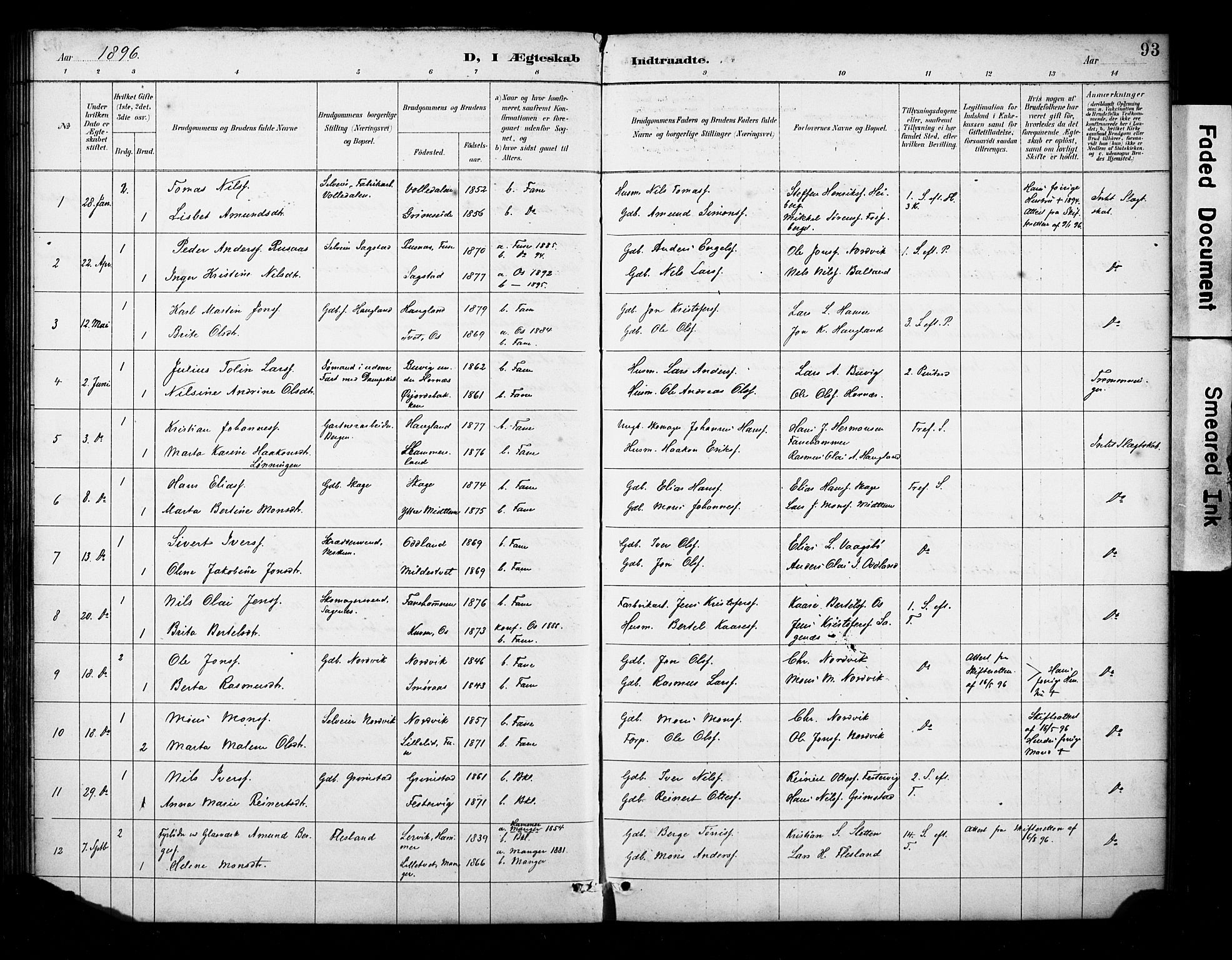 Fana Sokneprestembete, AV/SAB-A-75101/H/Haa/Haab/L0002: Parish register (official) no. B 2, 1890-1897, p. 93