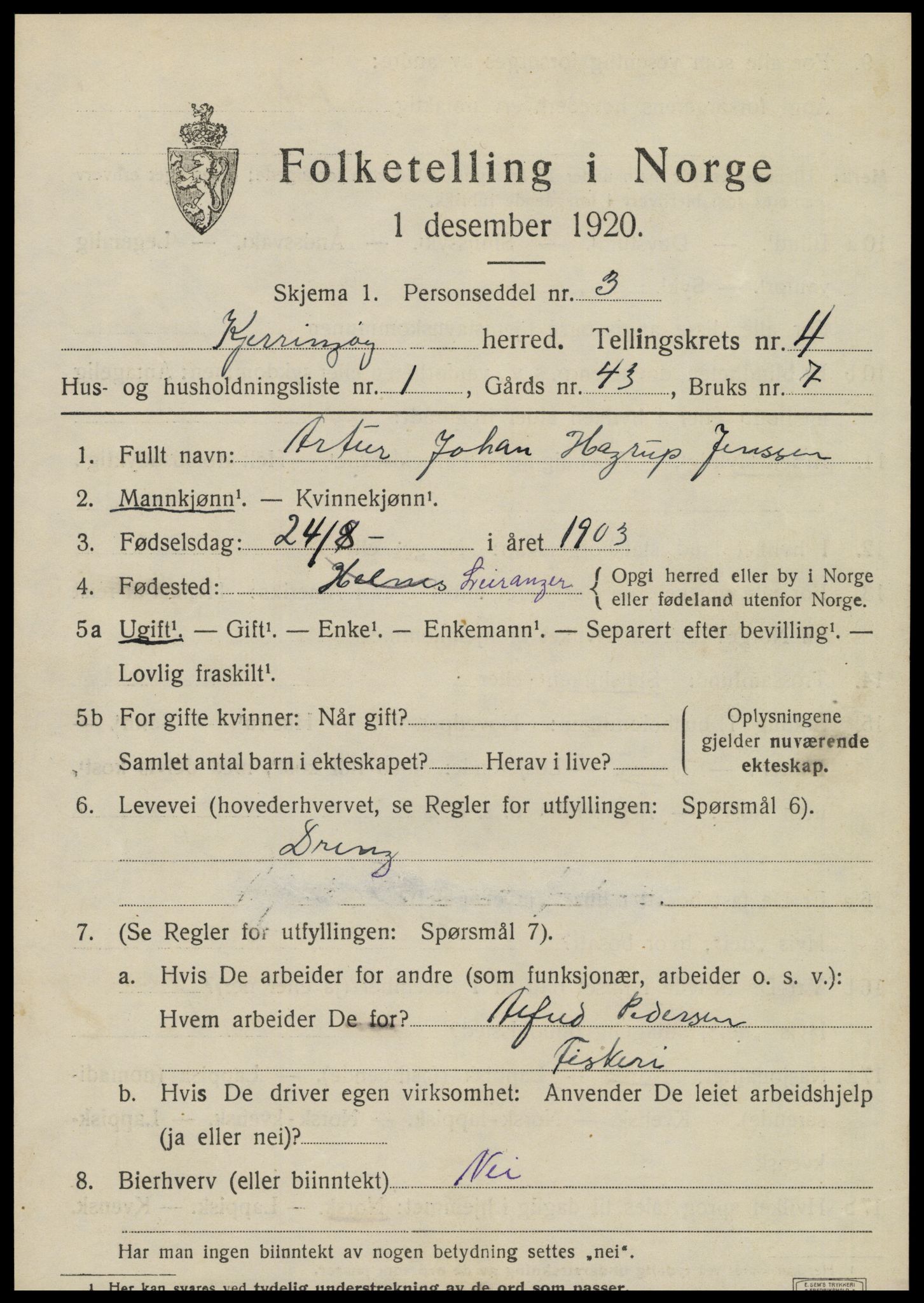 SAT, 1920 census for Kjerringøy, 1920, p. 1829