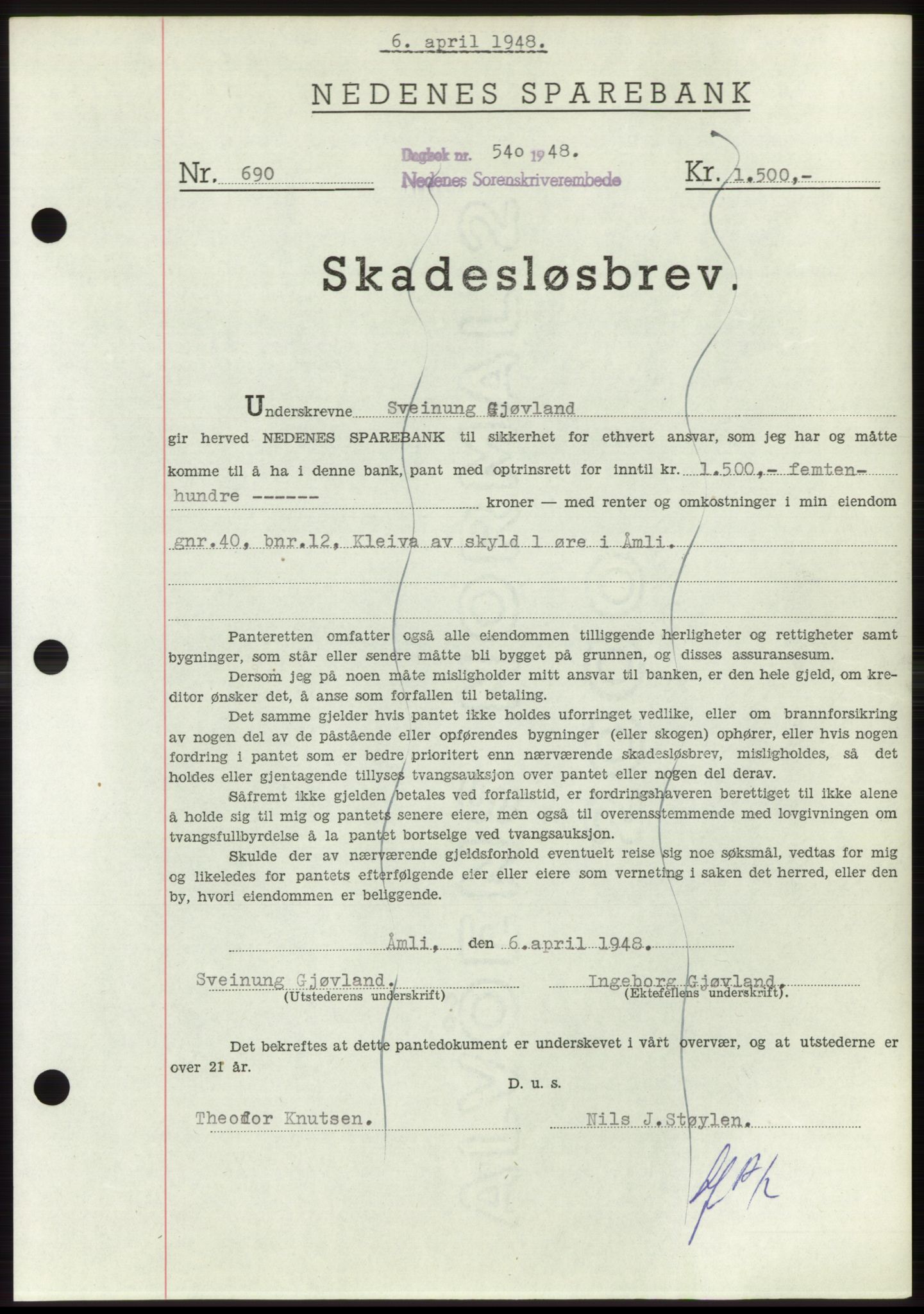 Nedenes sorenskriveri, AV/SAK-1221-0006/G/Gb/Gbb/L0005: Mortgage book no. B5, 1948-1948, Diary no: : 540/1948