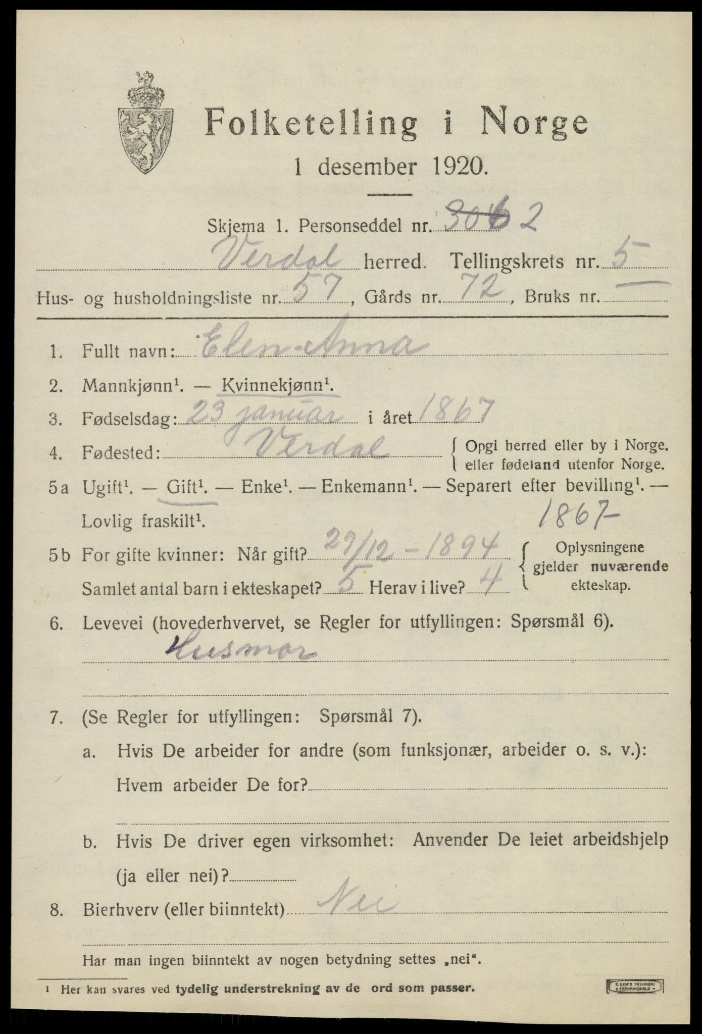 SAT, 1920 census for Verdal, 1920, p. 9179