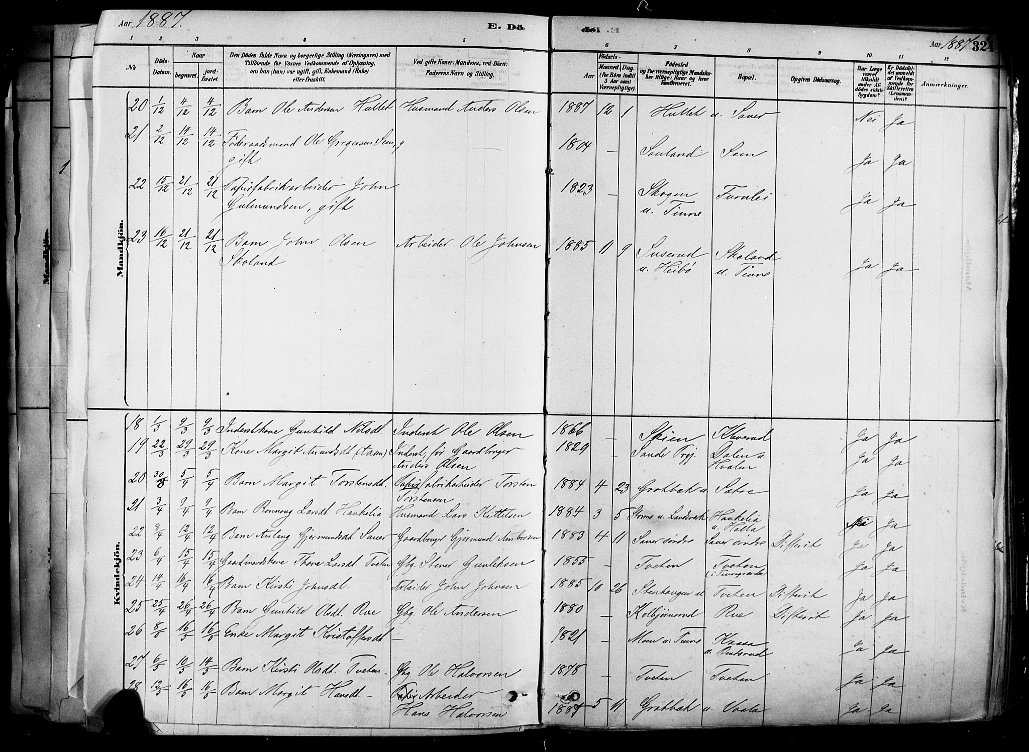 Heddal kirkebøker, SAKO/A-268/F/Fa/L0008: Parish register (official) no. I 8, 1878-1903, p. 324