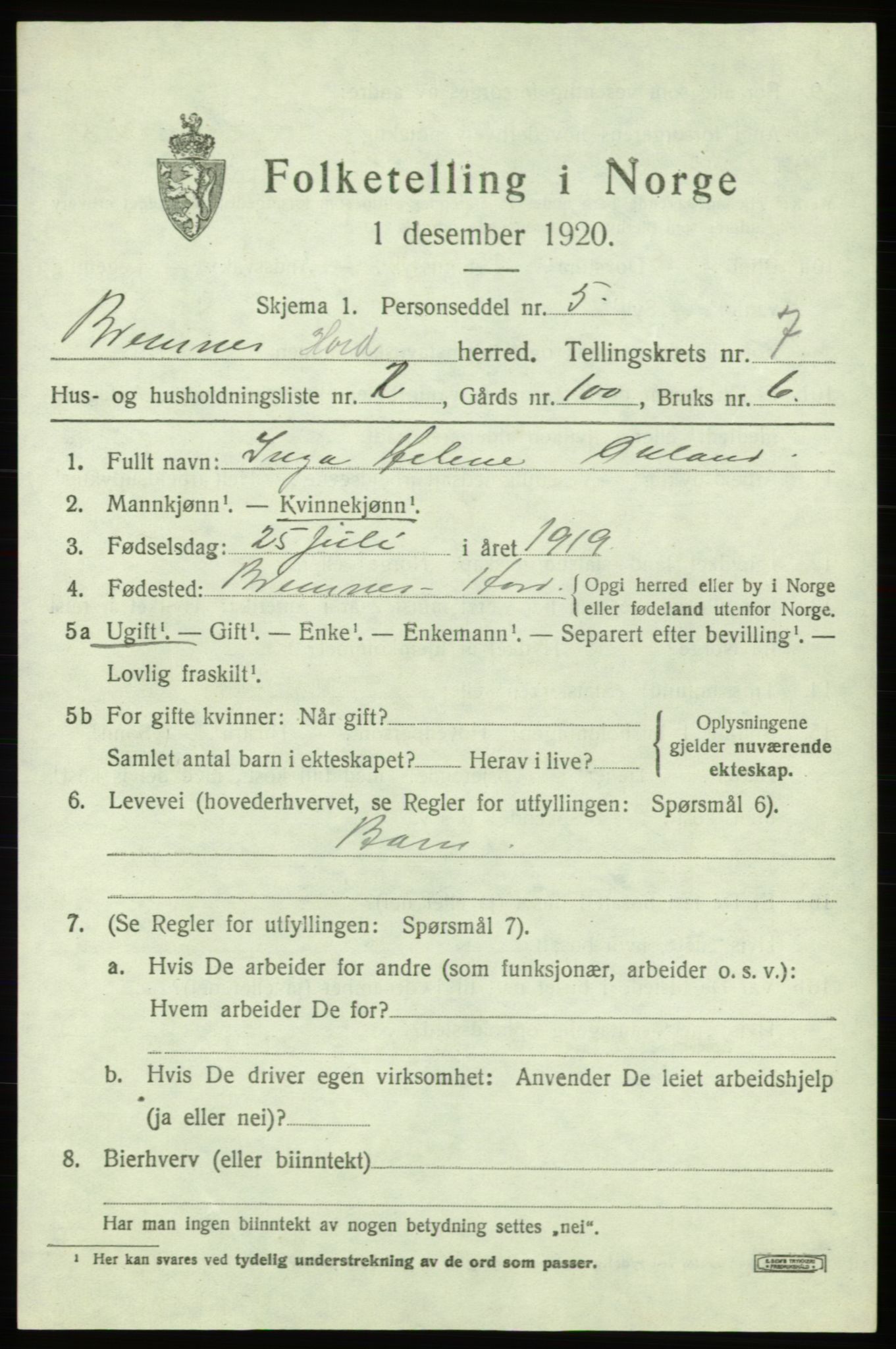 SAB, 1920 census for Bremnes, 1920, p. 4036