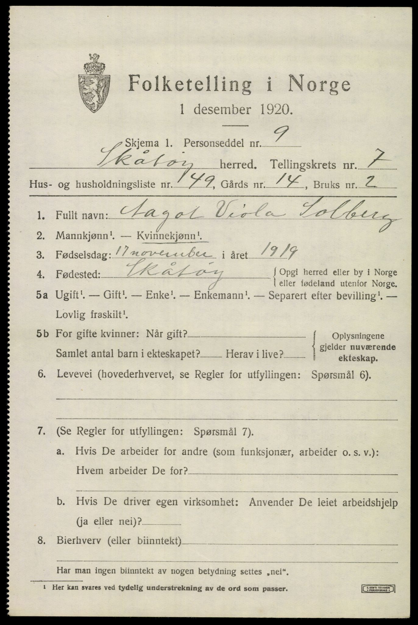 SAKO, 1920 census for Skåtøy, 1920, p. 5856