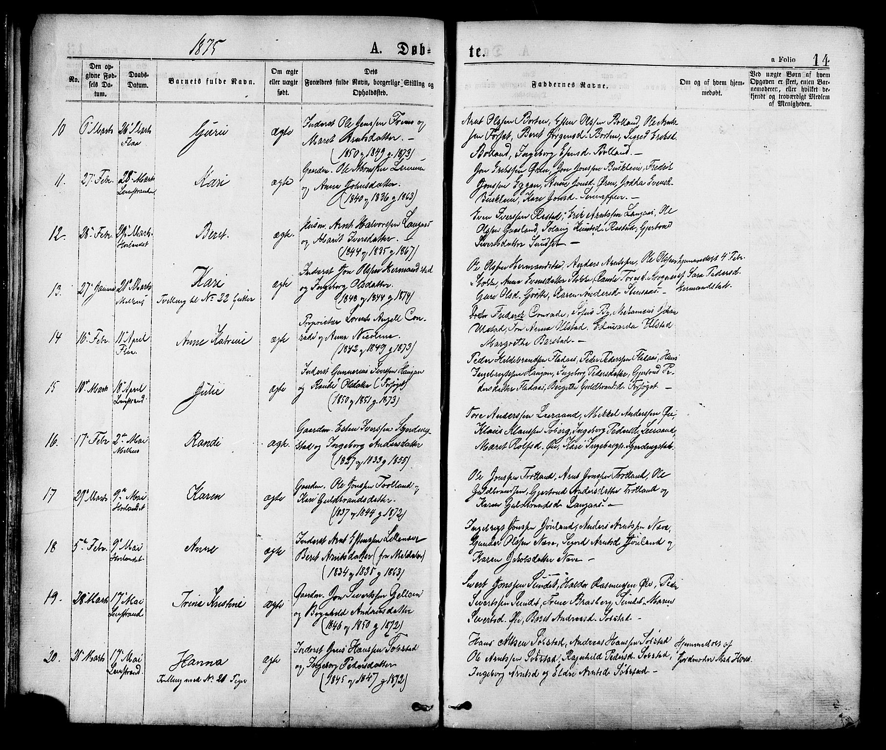 Ministerialprotokoller, klokkerbøker og fødselsregistre - Sør-Trøndelag, AV/SAT-A-1456/691/L1079: Parish register (official) no. 691A11, 1873-1886, p. 14