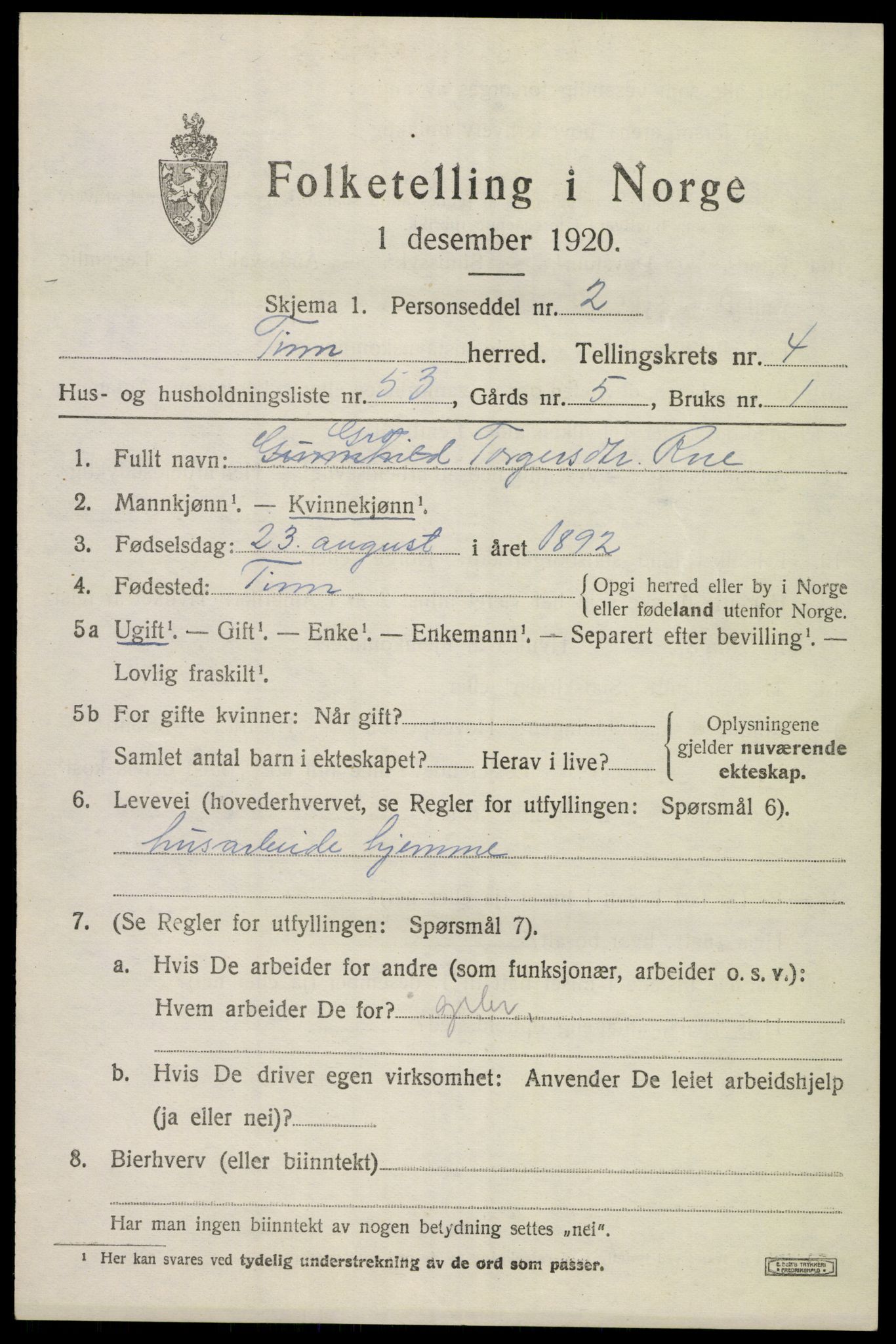 SAKO, 1920 census for Tinn, 1920, p. 4338