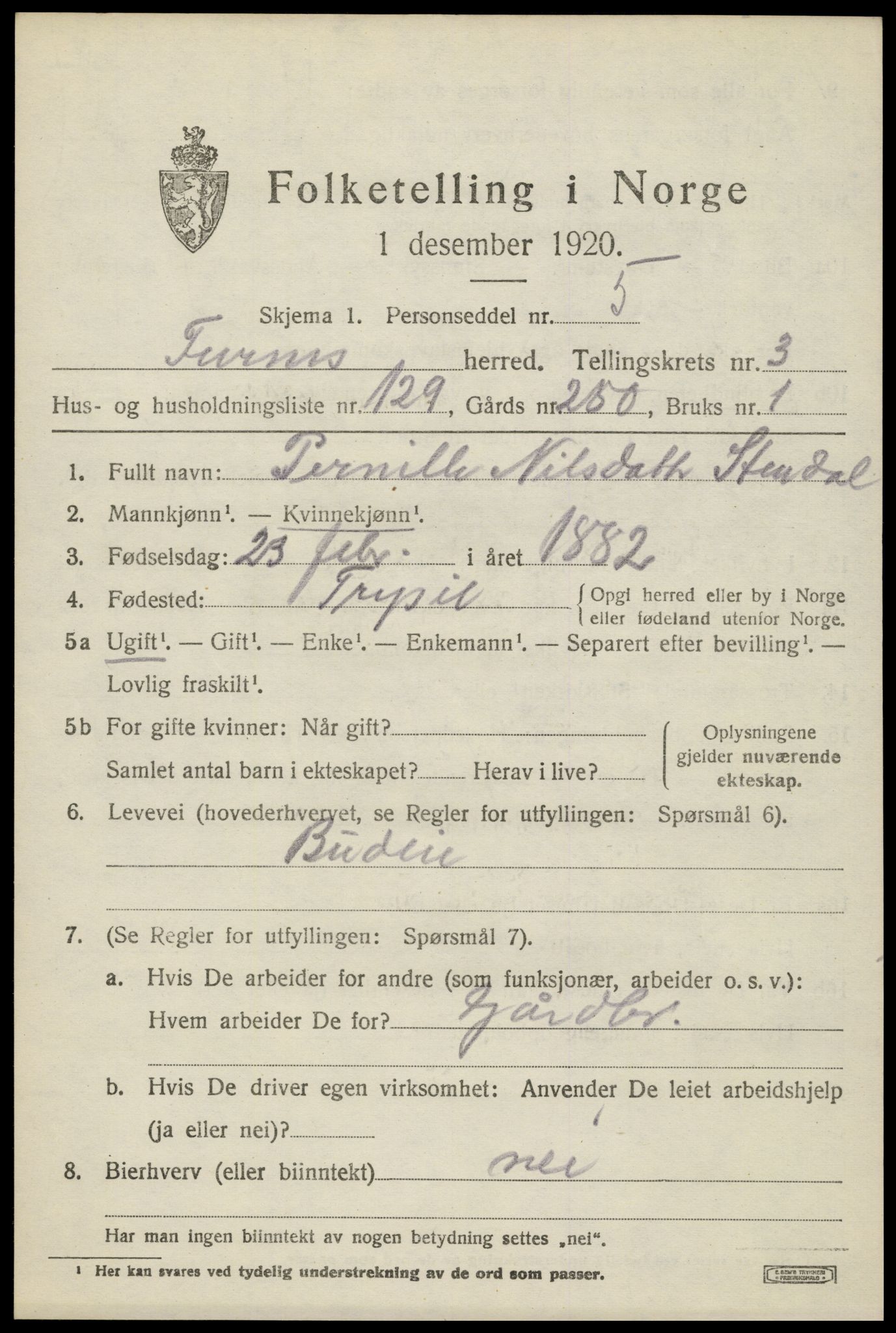 SAH, 1920 census for Furnes, 1920, p. 6003