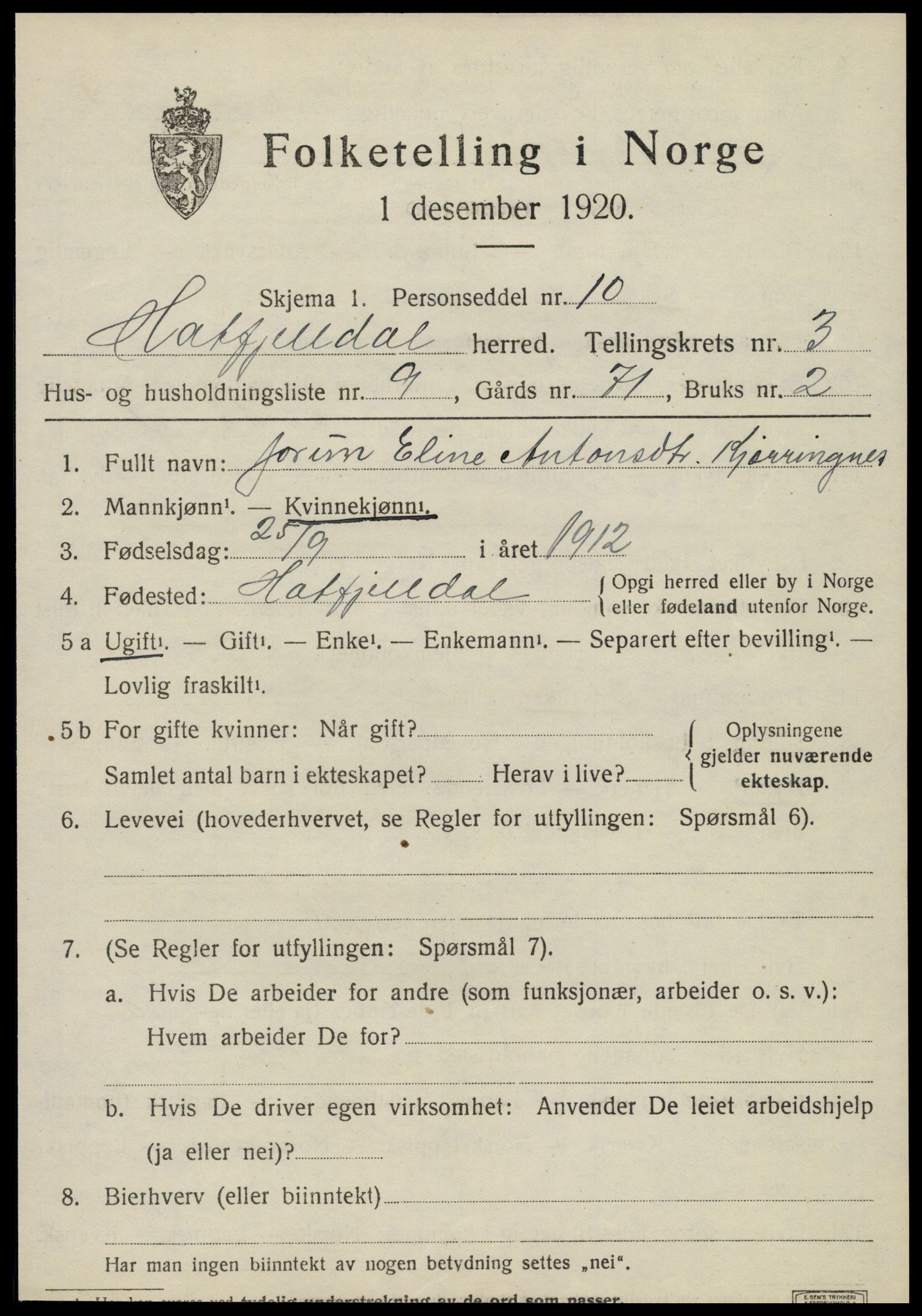 SAT, 1920 census for Hattfjelldal, 1920, p. 942