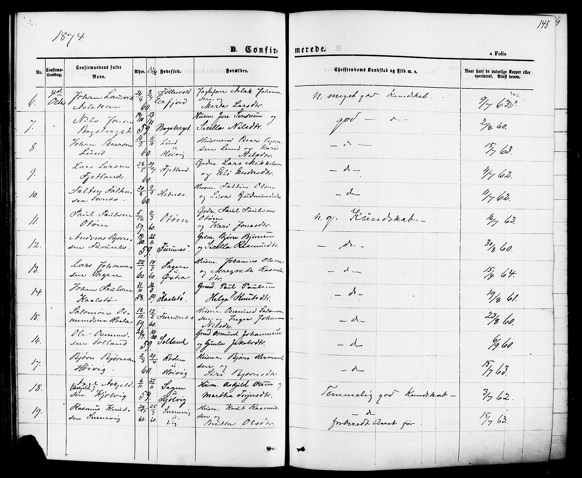 Jelsa sokneprestkontor, AV/SAST-A-101842/01/IV: Parish register (official) no. A 8, 1867-1883, p. 145