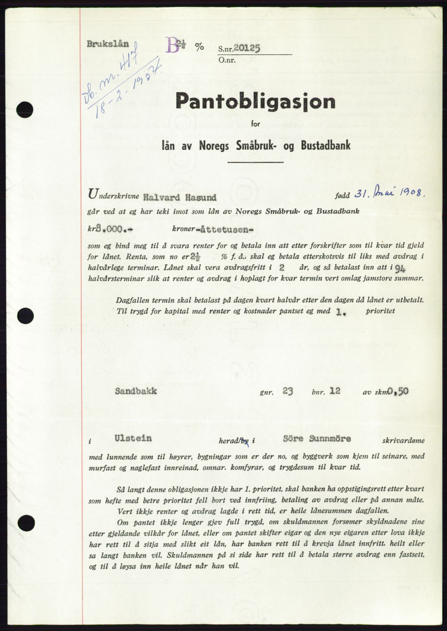 Søre Sunnmøre sorenskriveri, AV/SAT-A-4122/1/2/2C/L0124: Mortgage book no. 12B, 1953-1954, Diary no: : 417/1954