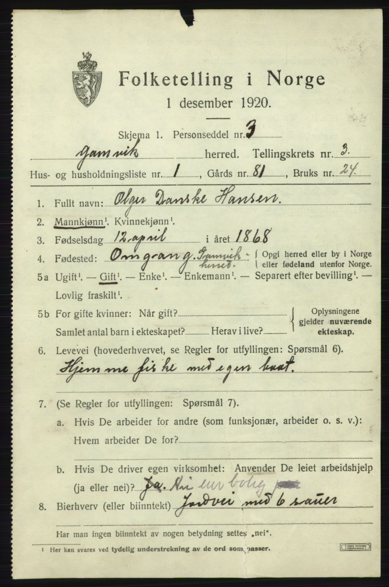 SATØ, 1920 census for Gamvik, 1920, p. 2406