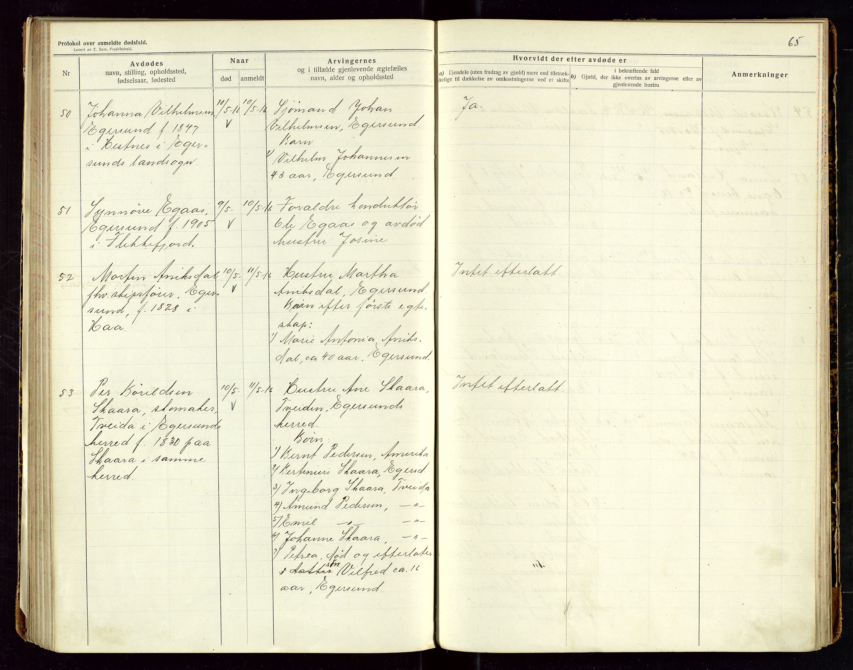 Eigersund lensmannskontor, SAST/A-100171/Gga/L0006: "Protokol over anmeldte dødsfald" m/alfabetisk navneregister, 1914-1917, p. 65
