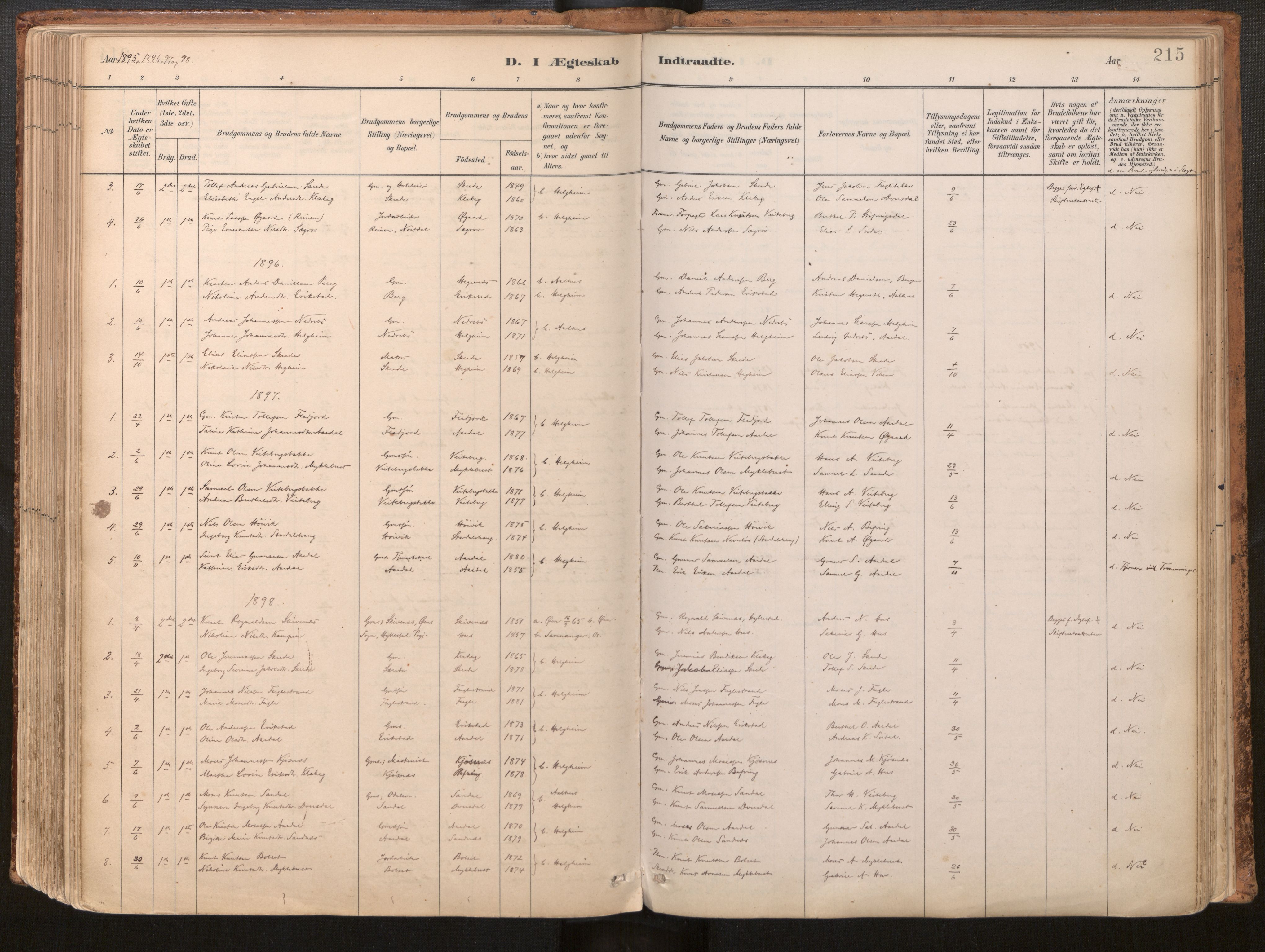 Jølster sokneprestembete, SAB/A-80701/H/Haa/Haac/L0001: Parish register (official) no. C 1, 1882-1928, p. 215