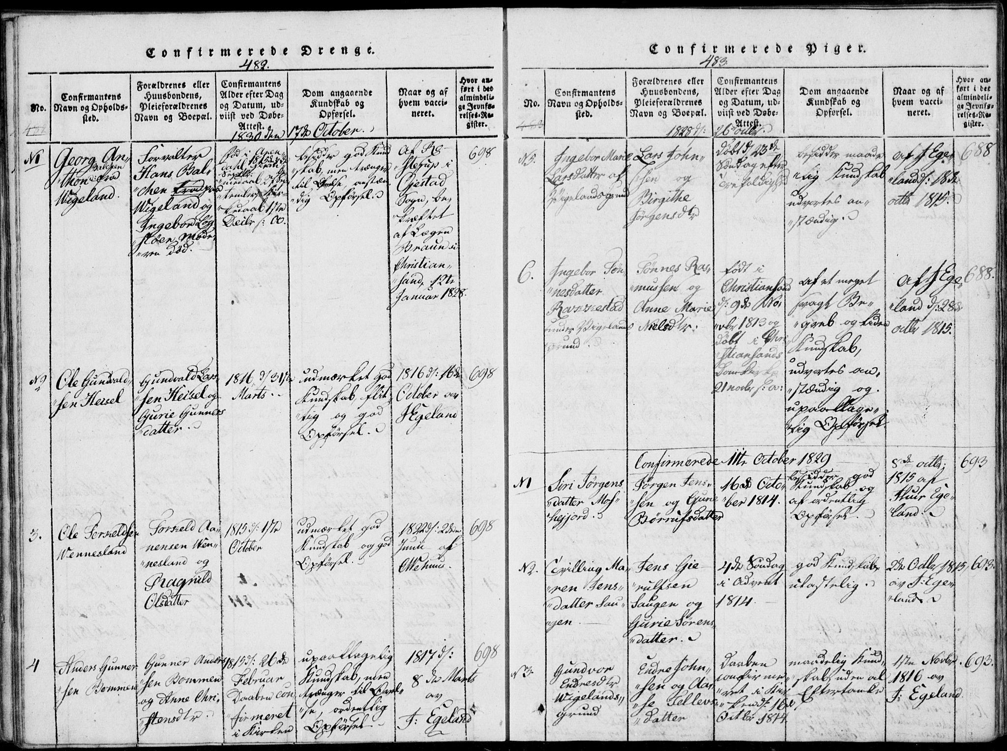 Vennesla sokneprestkontor, AV/SAK-1111-0045/Fa/Fab/L0003: Parish register (official) no. A 3, 1820-1834, p. 482-483