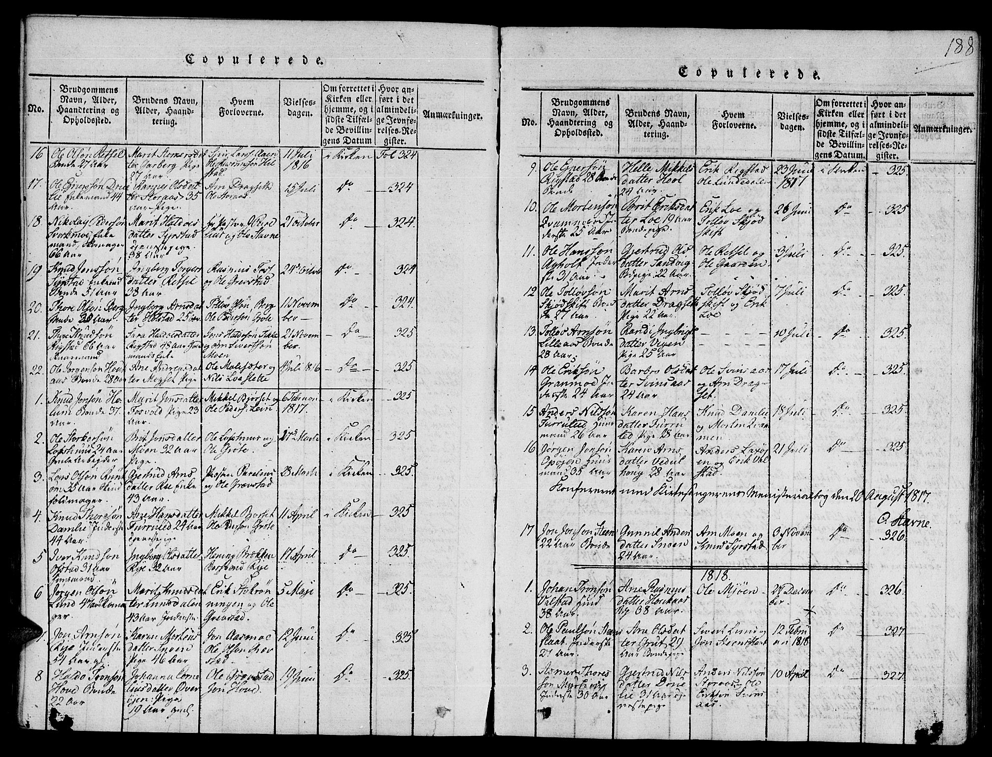 Ministerialprotokoller, klokkerbøker og fødselsregistre - Sør-Trøndelag, SAT/A-1456/672/L0853: Parish register (official) no. 672A06 /1, 1816-1829, p. 188
