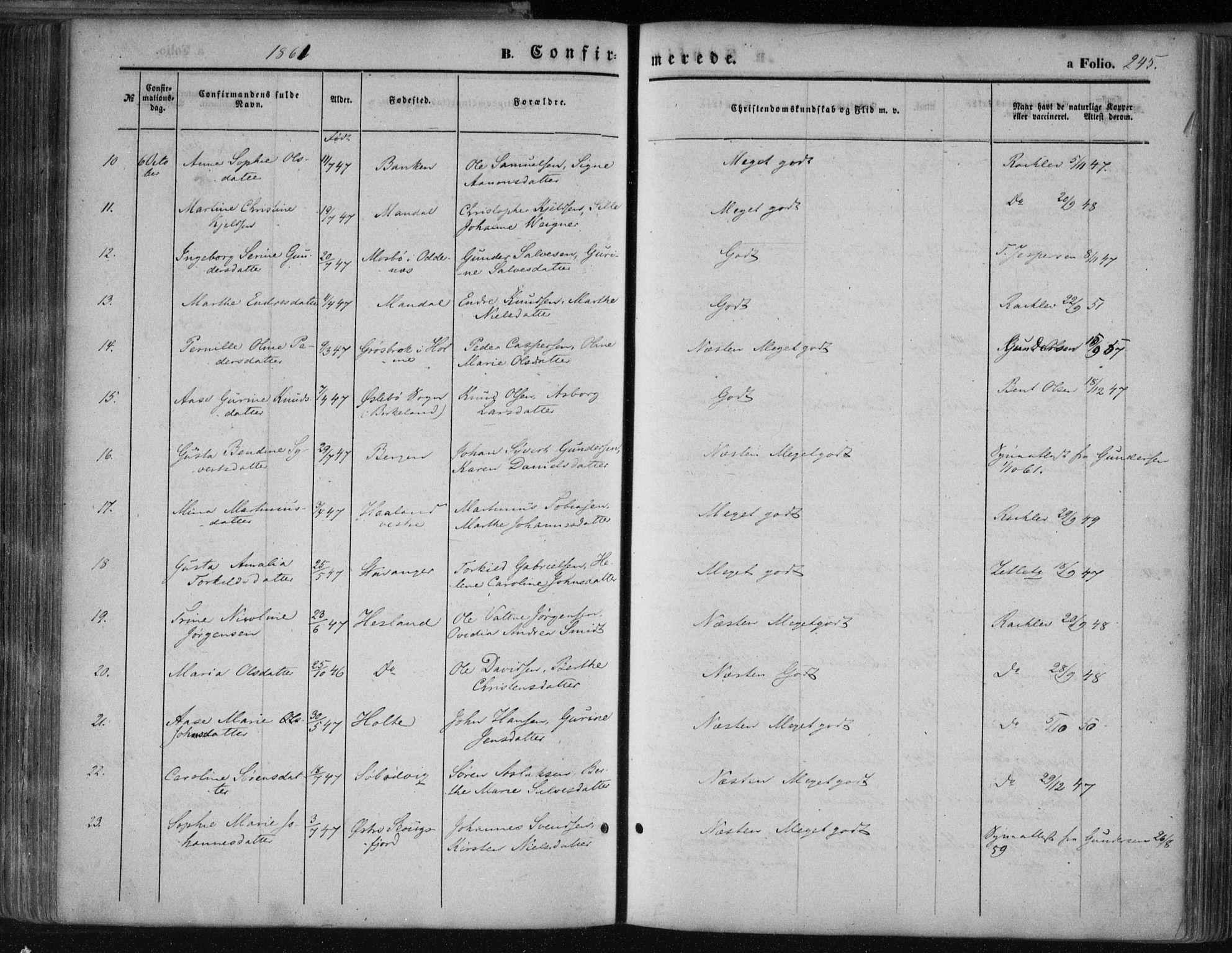 Mandal sokneprestkontor, AV/SAK-1111-0030/F/Fa/Faa/L0014: Parish register (official) no. A 14, 1859-1872, p. 245