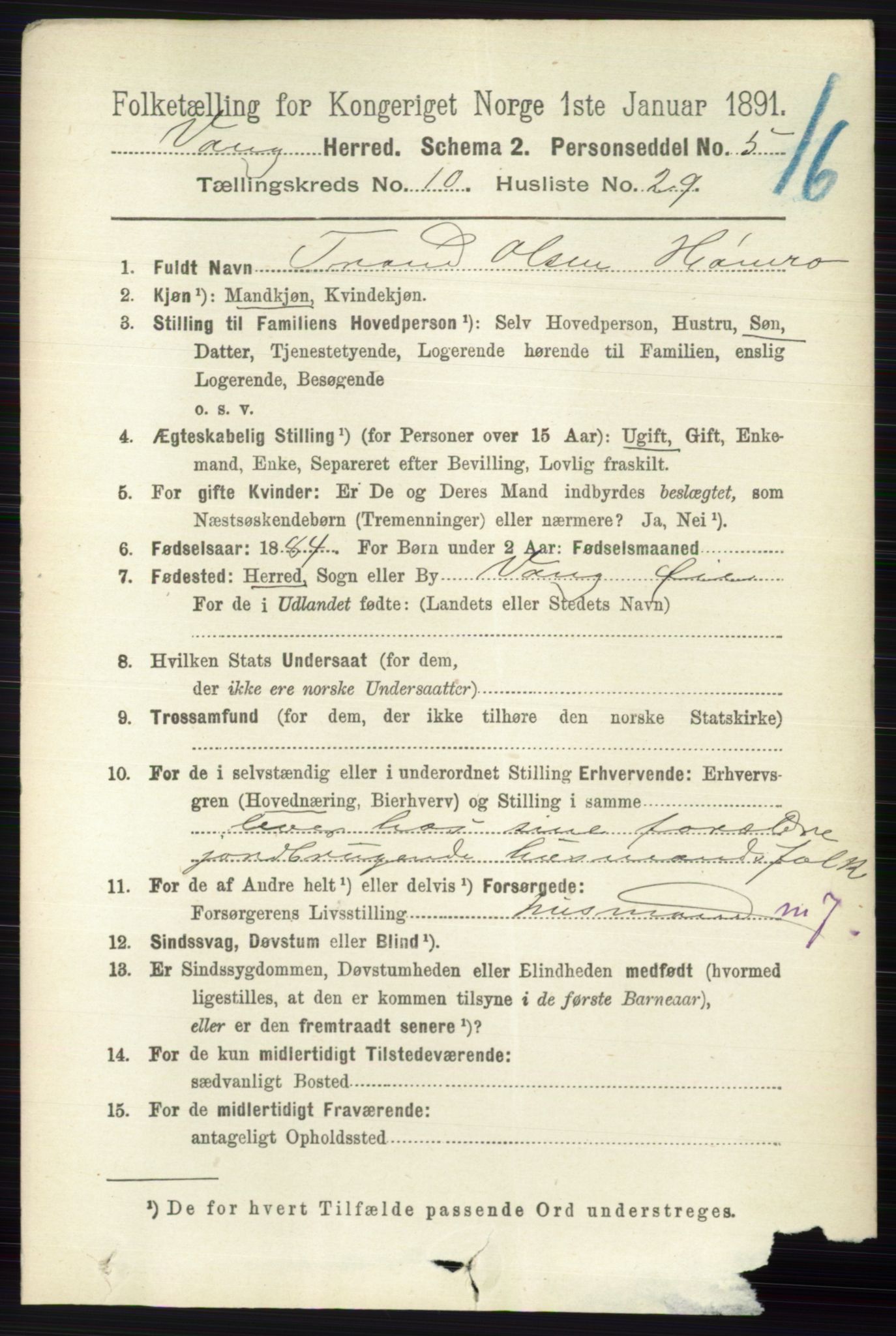 RA, 1891 census for 0545 Vang, 1891, p. 2352