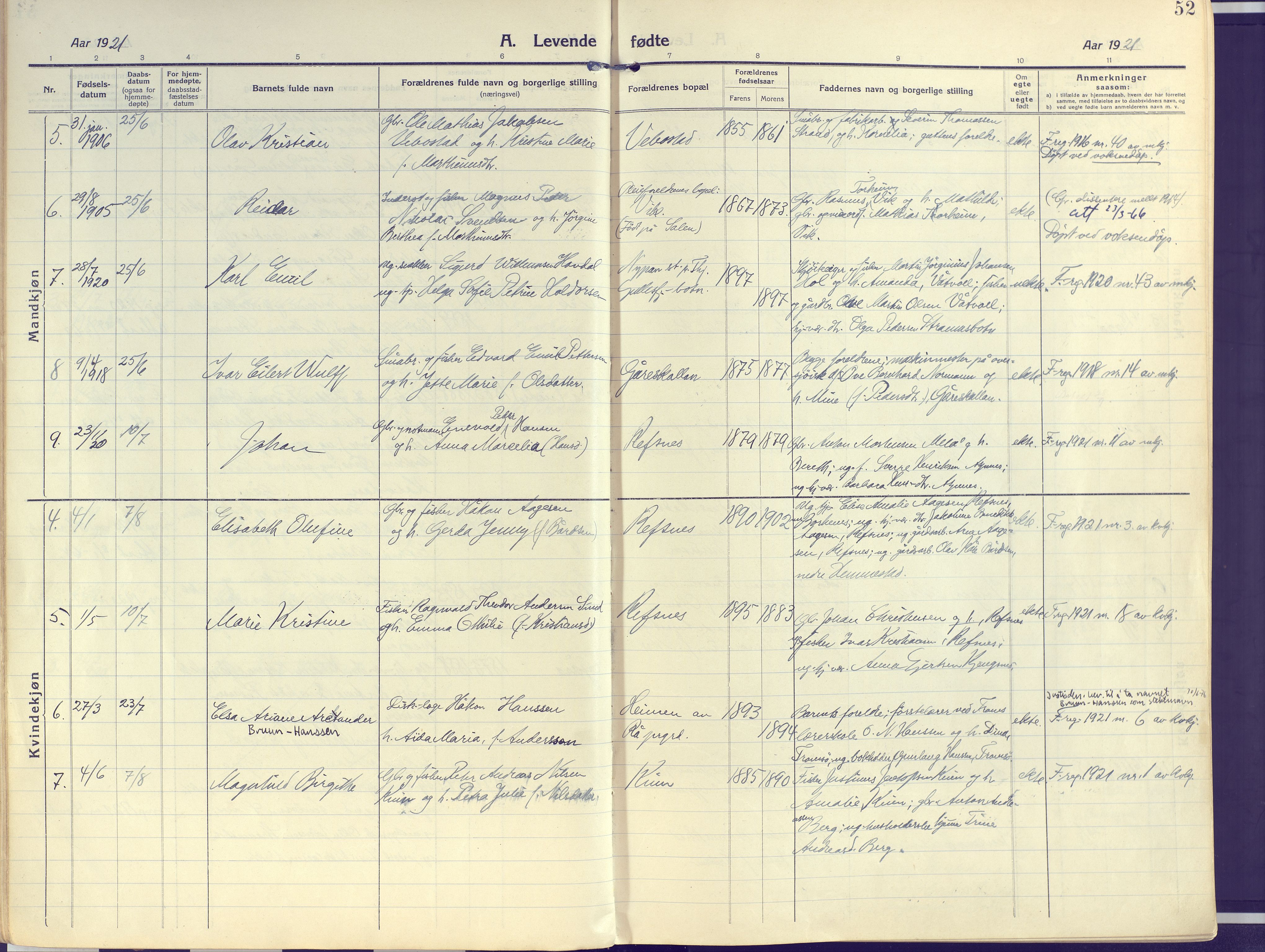 Kvæfjord sokneprestkontor, AV/SATØ-S-1323/G/Ga/Gaa/L0007kirke: Parish register (official) no. 7, 1915-1931, p. 52