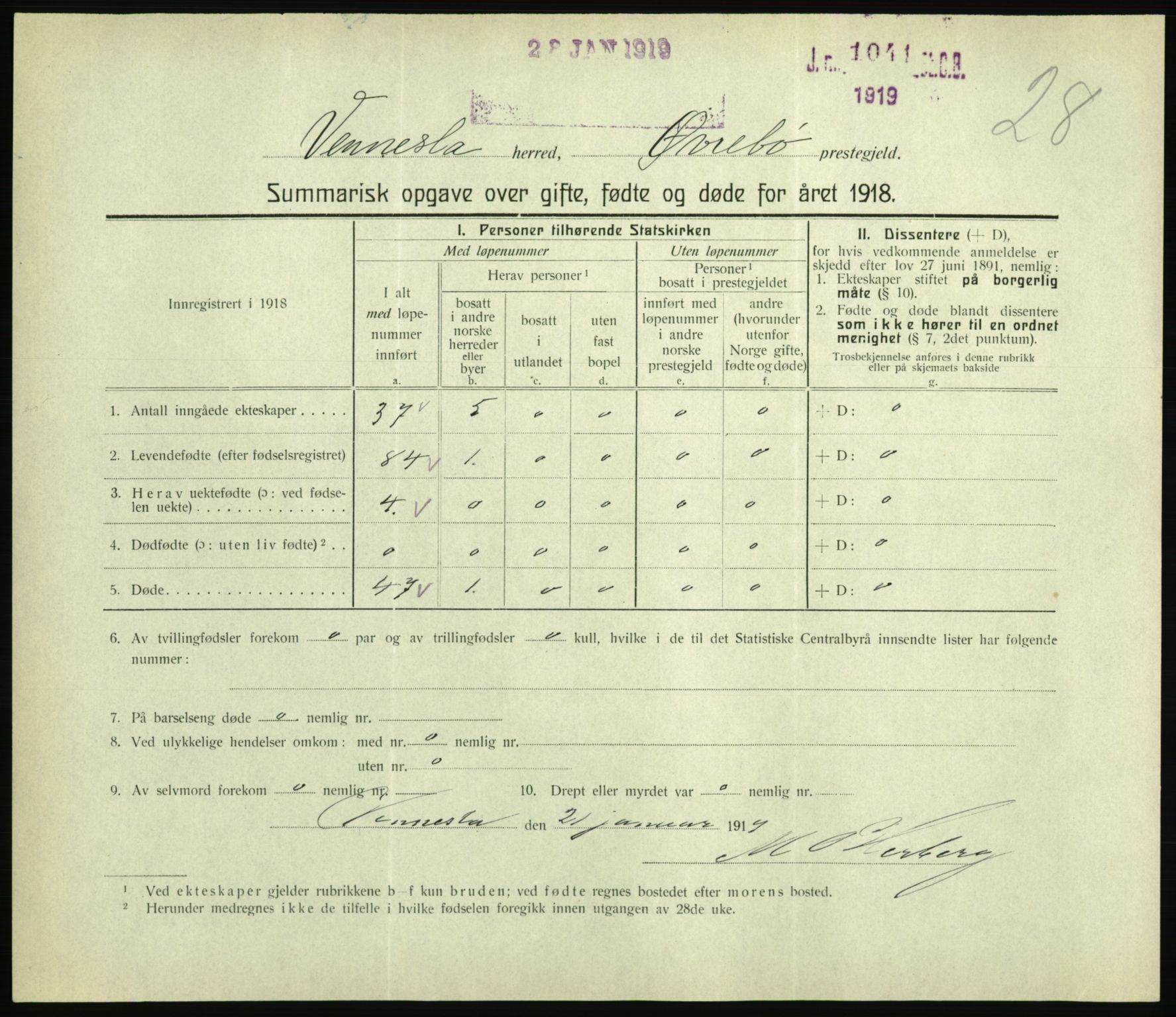 Statistisk sentralbyrå, Sosiodemografiske emner, Befolkning, RA/S-2228/D/Df/Dfb/Dfbh/L0059: Summariske oppgaver over gifte, fødte og døde for hele landet., 1918, p. 689