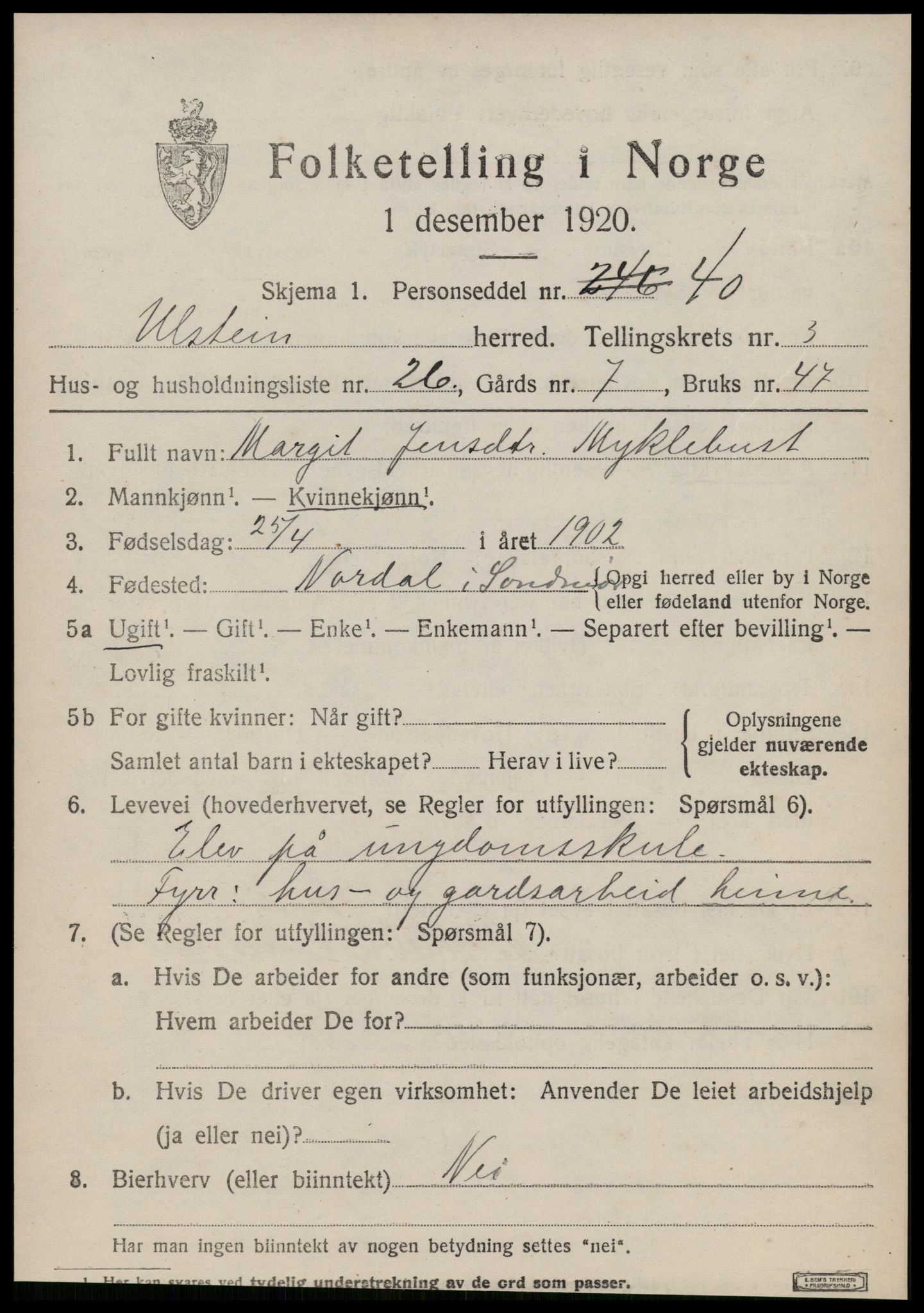 SAT, 1920 census for Ulstein, 1920, p. 2120