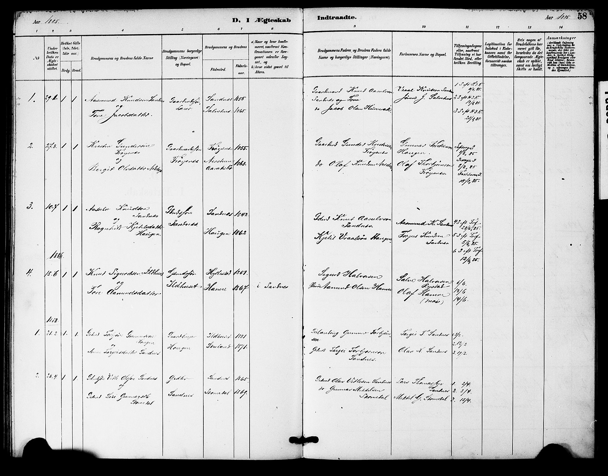 Bygland sokneprestkontor, AV/SAK-1111-0006/F/Fa/Fac/L0001: Parish register (official) no. A 1, 1885-1909, p. 58