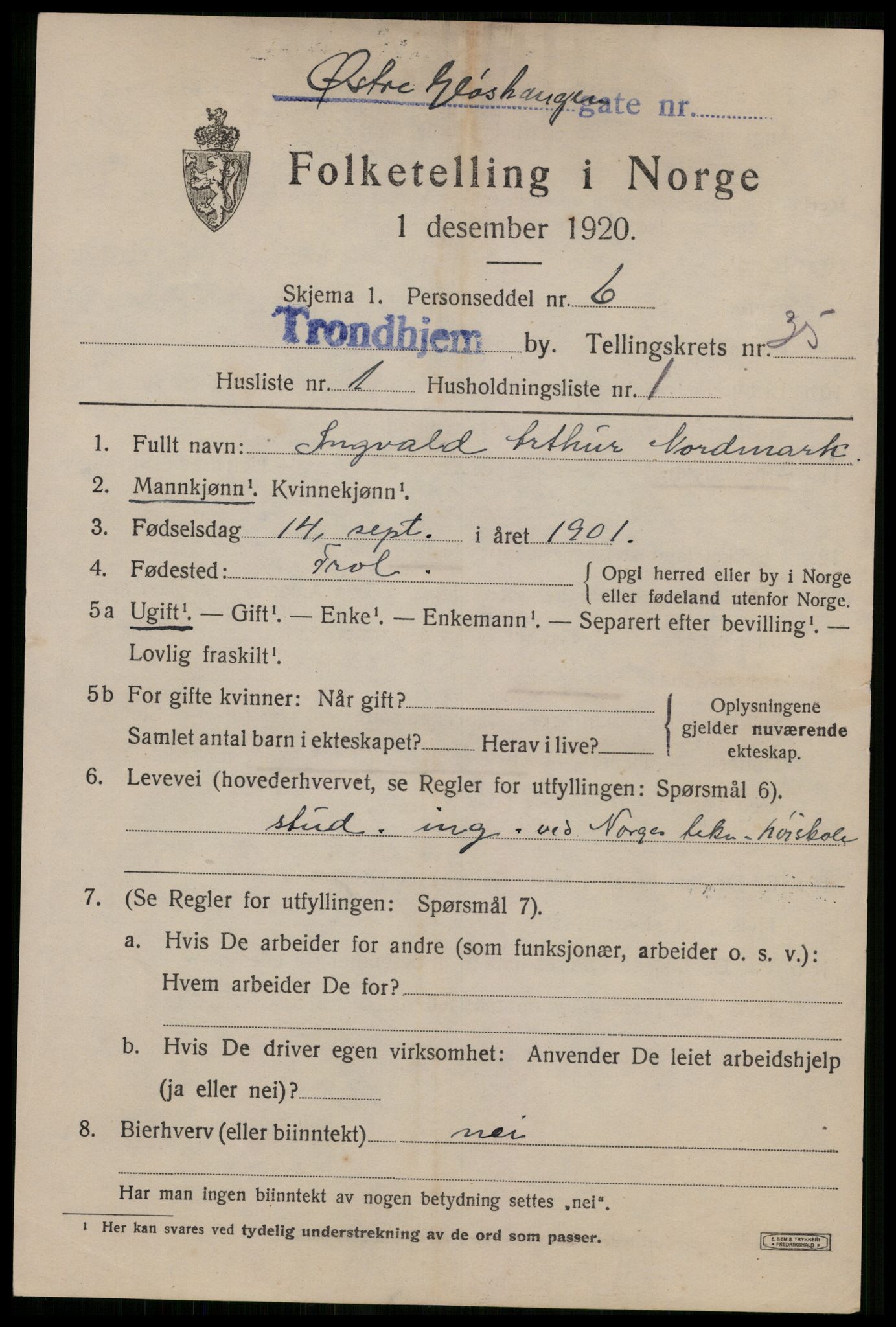 SAT, 1920 census for Trondheim, 1920, p. 81112