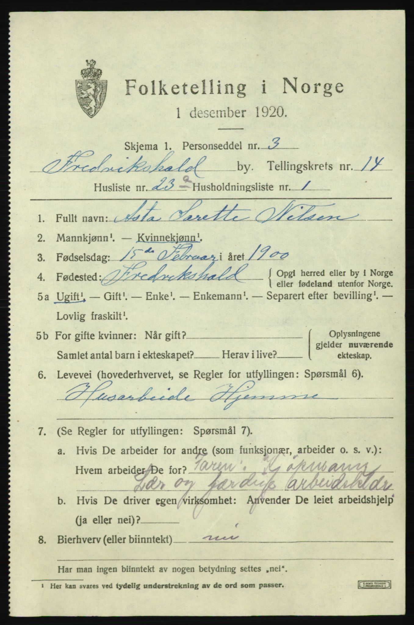 SAO, 1920 census for Fredrikshald, 1920, p. 22847