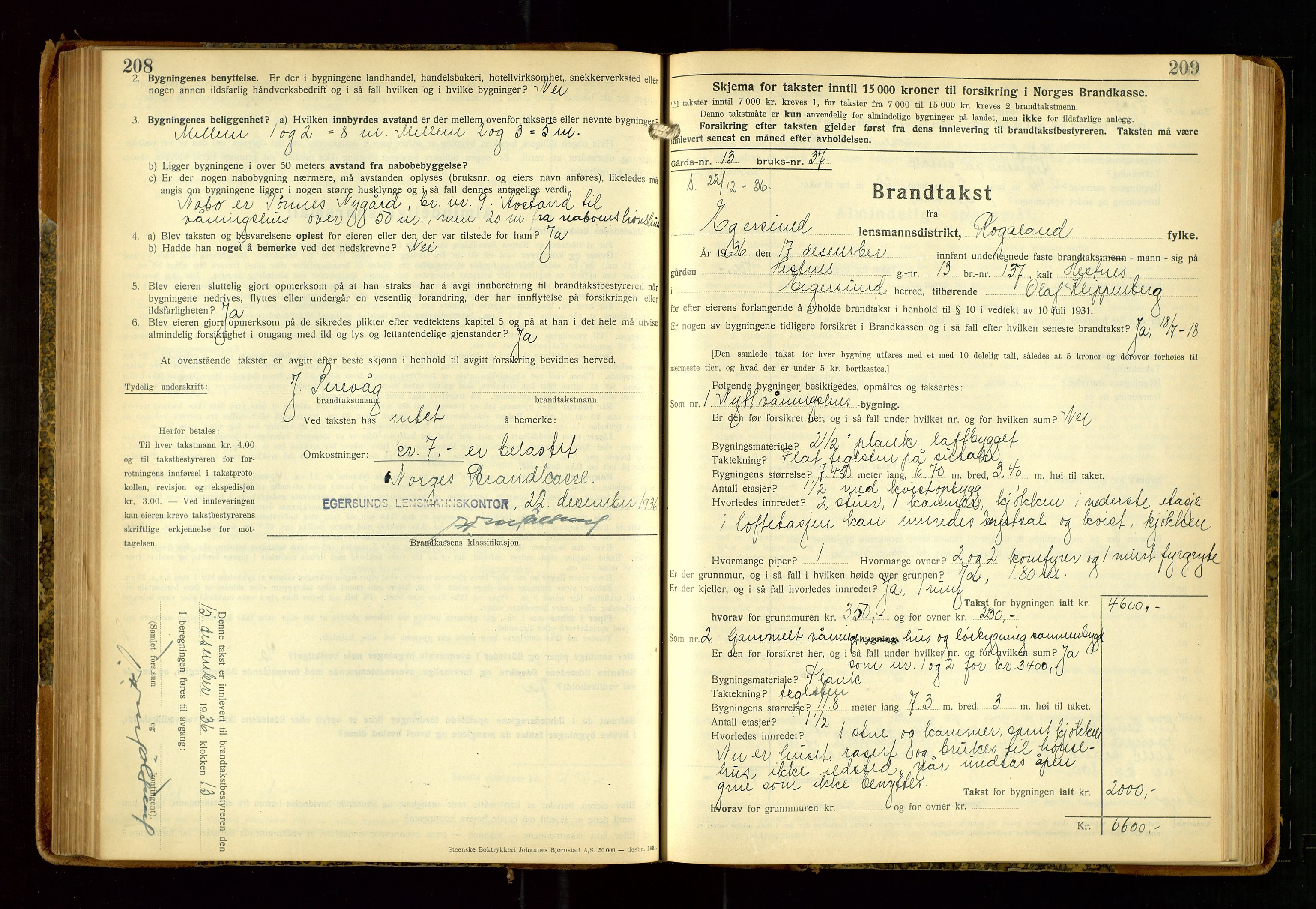 Eigersund lensmannskontor, AV/SAST-A-100171/Gob/L0006: "Brandtakstprotokoll", 1934-1938, p. 208-209