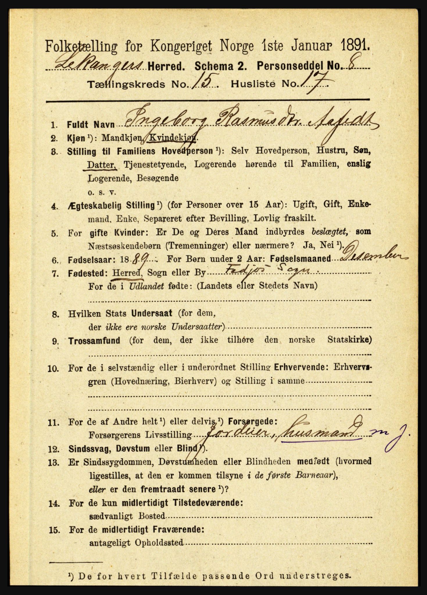 RA, 1891 census for 1419 Leikanger, 1891, p. 2957