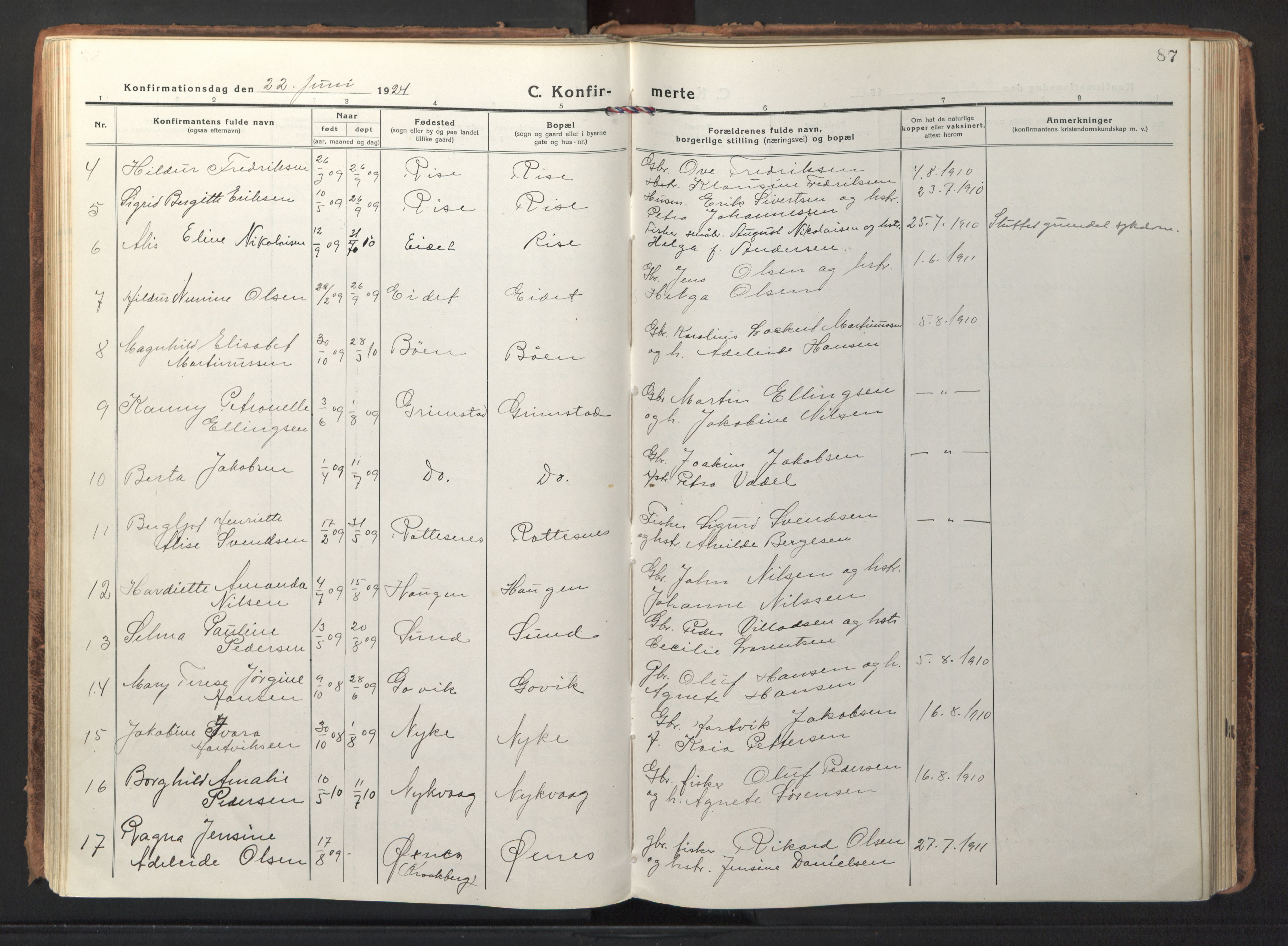 Ministerialprotokoller, klokkerbøker og fødselsregistre - Nordland, AV/SAT-A-1459/892/L1323: Parish register (official) no. 892A04, 1917-1934, p. 87