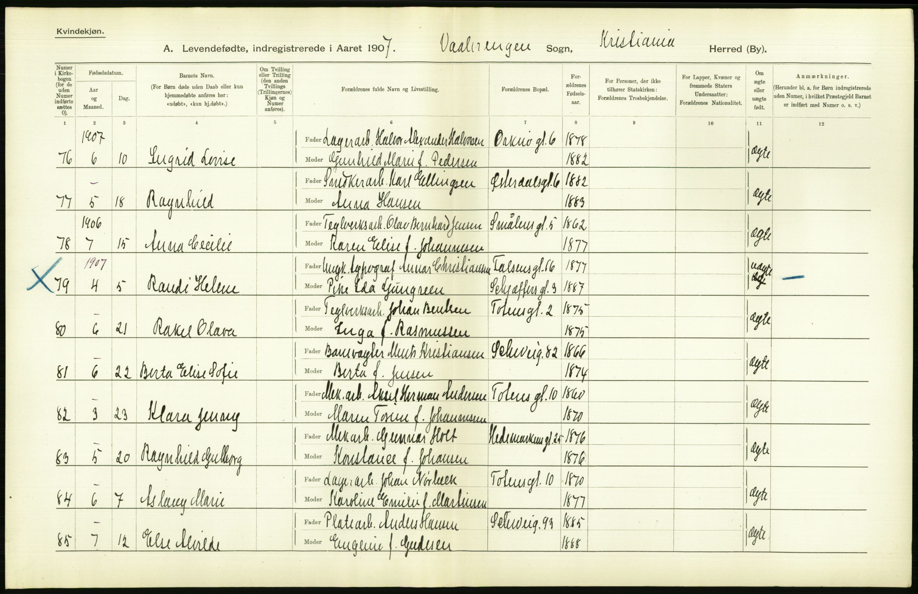 Statistisk sentralbyrå, Sosiodemografiske emner, Befolkning, AV/RA-S-2228/D/Df/Dfa/Dfae/L0007: Kristiania: Levendefødte menn og kvinner., 1907, p. 560