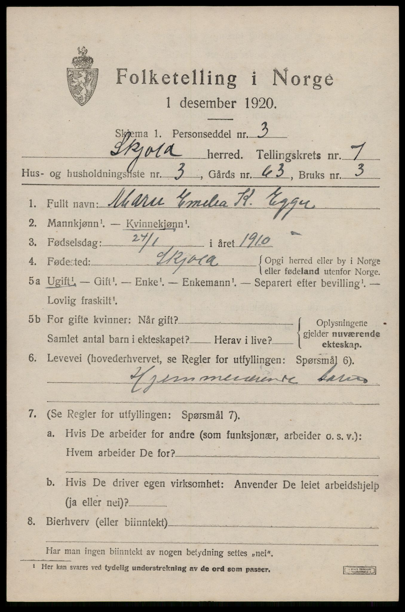 SAST, 1920 census for Skjold, 1920, p. 3908