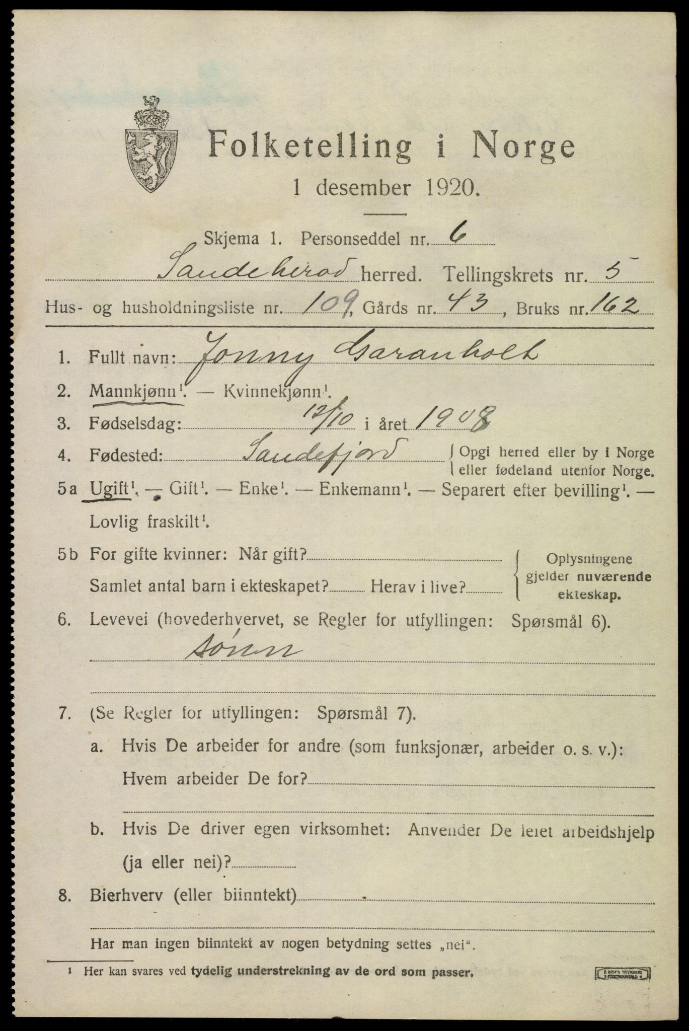 SAKO, 1920 census for Sandeherred, 1920, p. 9530