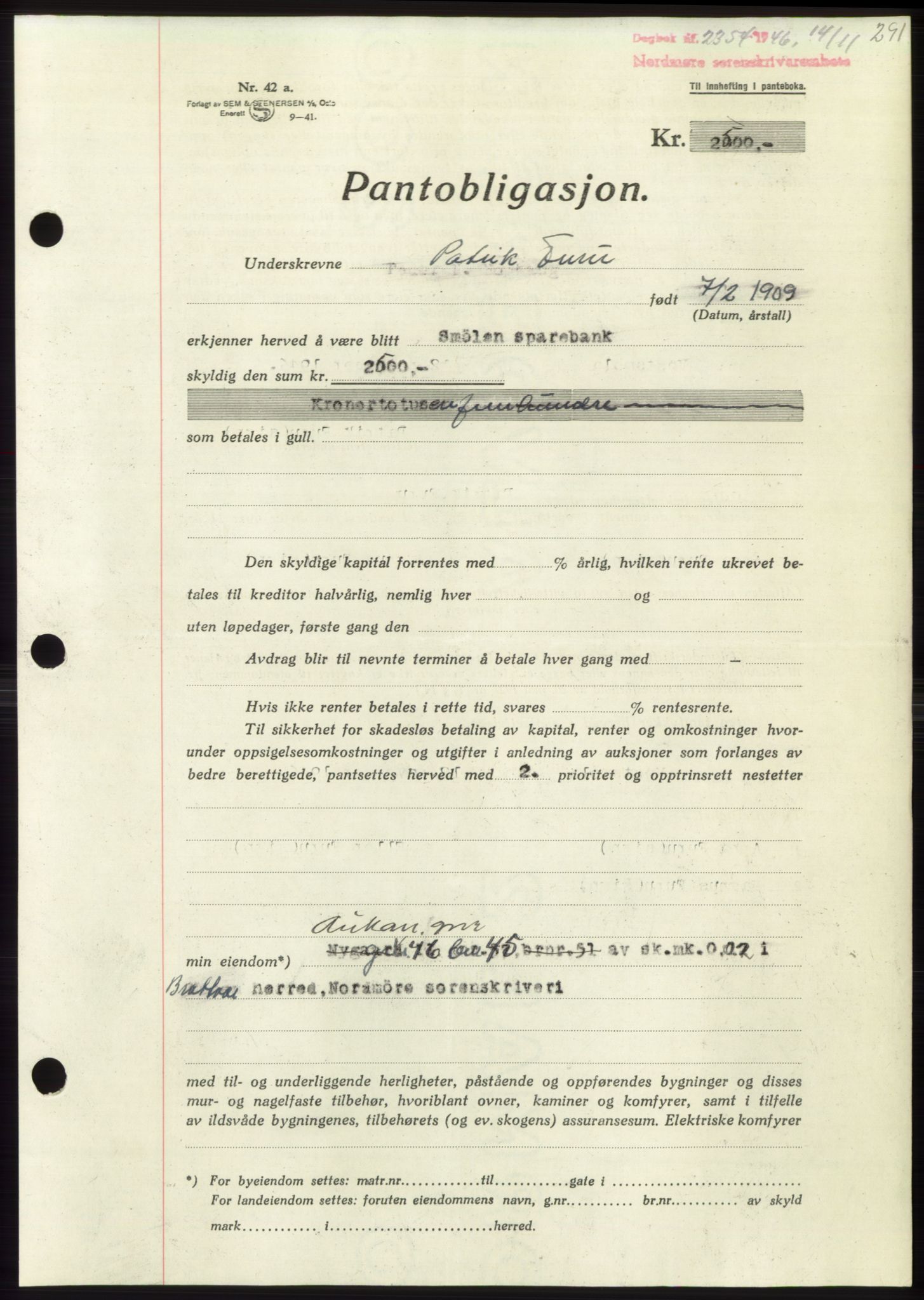 Nordmøre sorenskriveri, AV/SAT-A-4132/1/2/2Ca: Mortgage book no. B95, 1946-1947, Diary no: : 2354/1946