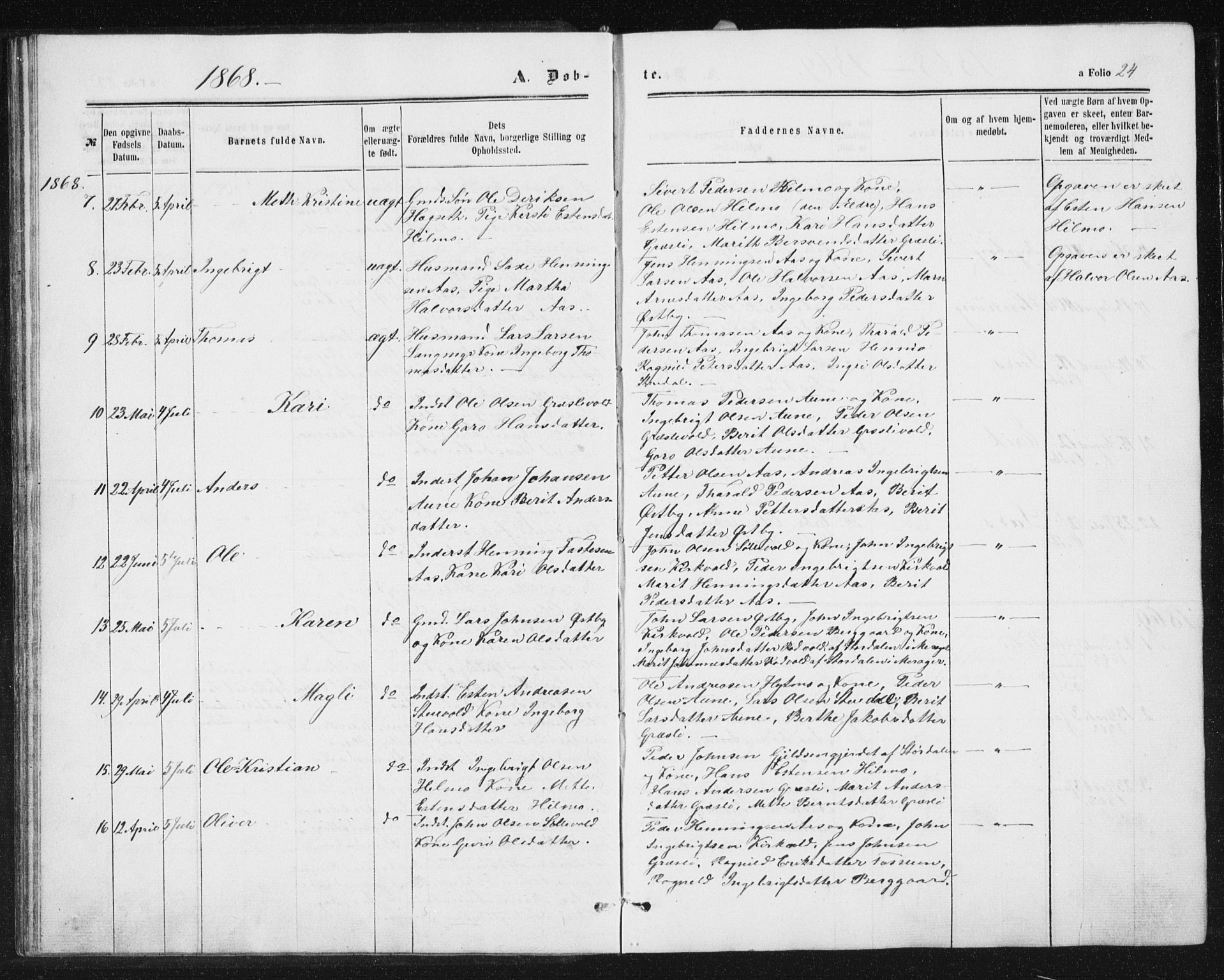 Ministerialprotokoller, klokkerbøker og fødselsregistre - Sør-Trøndelag, SAT/A-1456/698/L1166: Parish register (copy) no. 698C03, 1861-1887, p. 24