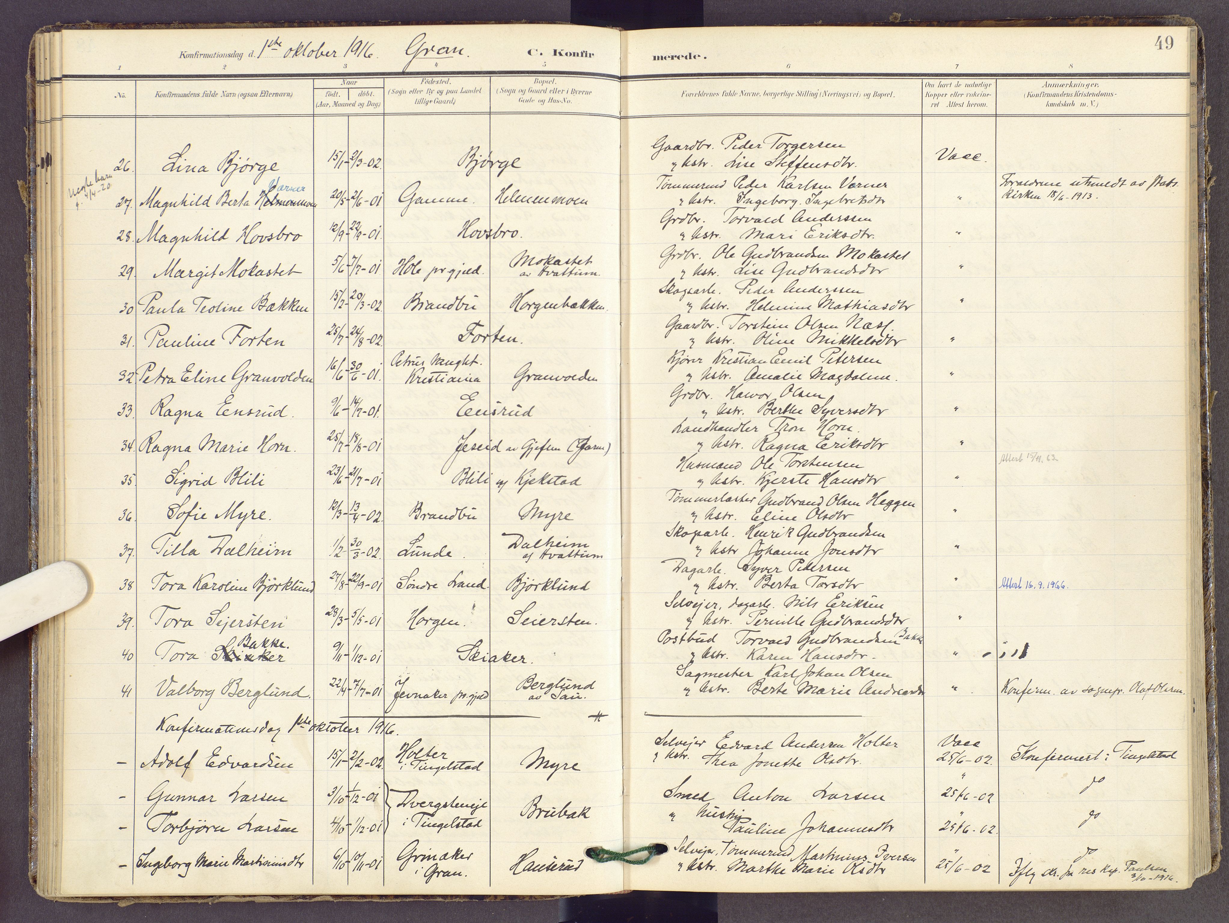 Gran prestekontor, SAH/PREST-112/H/Ha/Haa/L0022: Parish register (official) no. 22, 1908-1918, p. 49