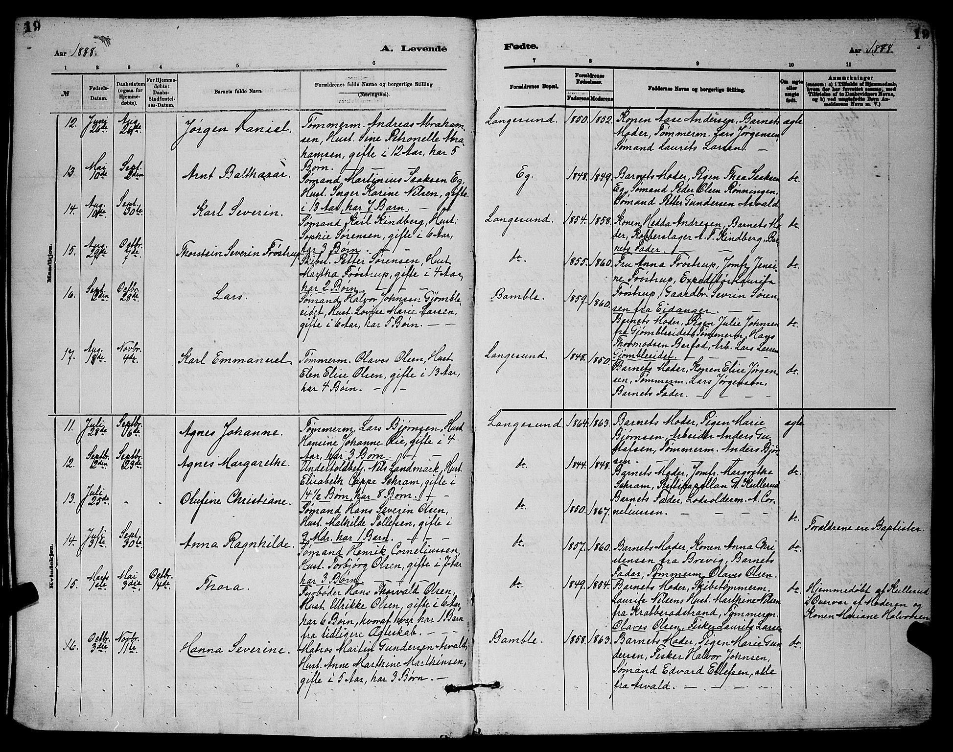 Langesund kirkebøker, SAKO/A-280/G/Ga/L0005: Parish register (copy) no. 5, 1884-1898, p. 19