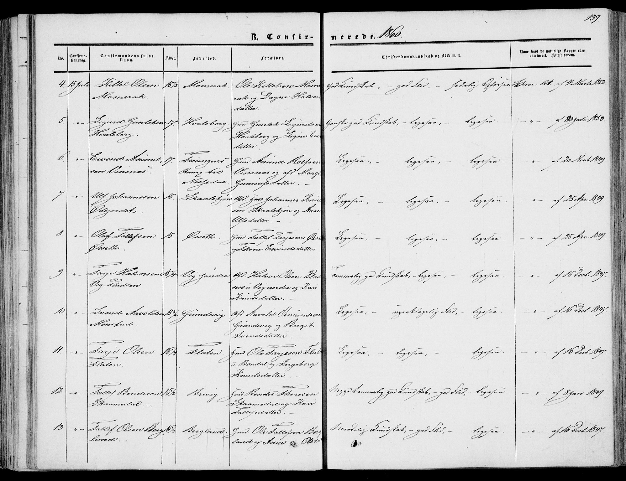 Fyresdal kirkebøker, SAKO/A-263/F/Fa/L0005: Parish register (official) no. I 5, 1855-1871, p. 139