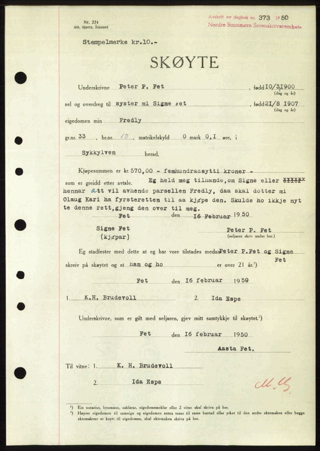 Nordre Sunnmøre sorenskriveri, AV/SAT-A-0006/1/2/2C/2Ca: Mortgage book no. A33, 1949-1950, Diary no: : 373/1950