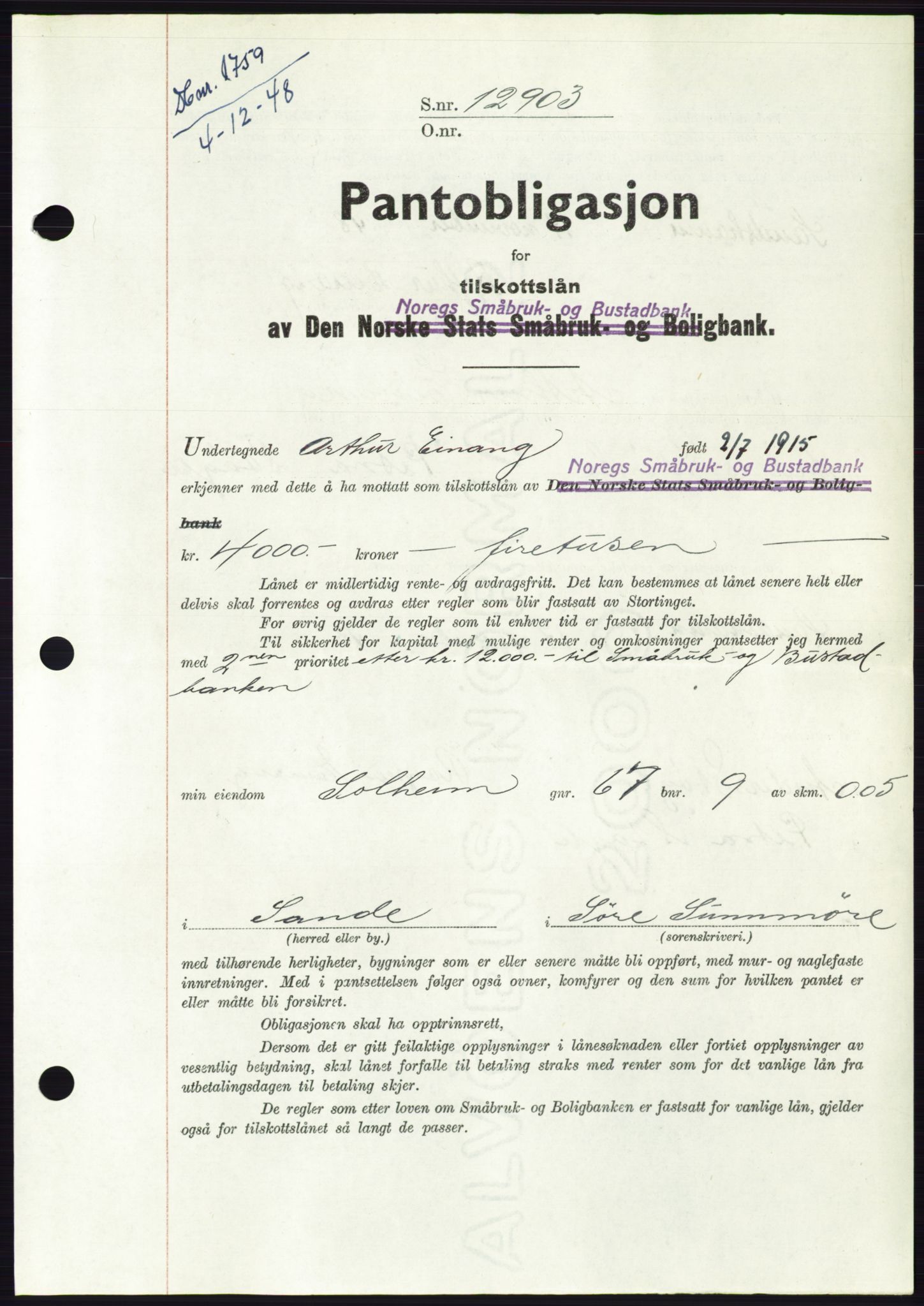 Søre Sunnmøre sorenskriveri, AV/SAT-A-4122/1/2/2C/L0116: Mortgage book no. 4B, 1948-1949, Diary no: : 1759/1948