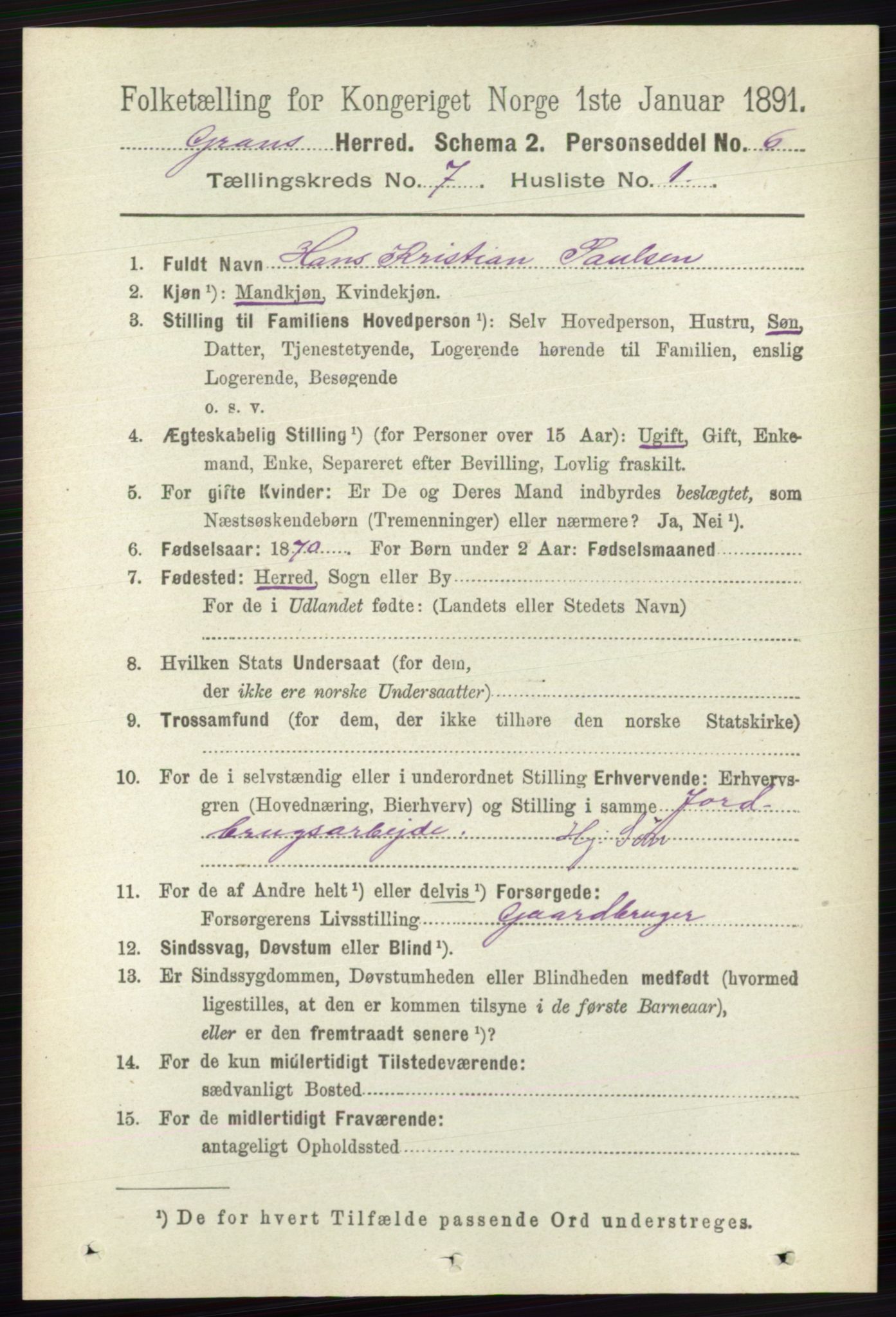 RA, 1891 census for 0534 Gran, 1891, p. 2801