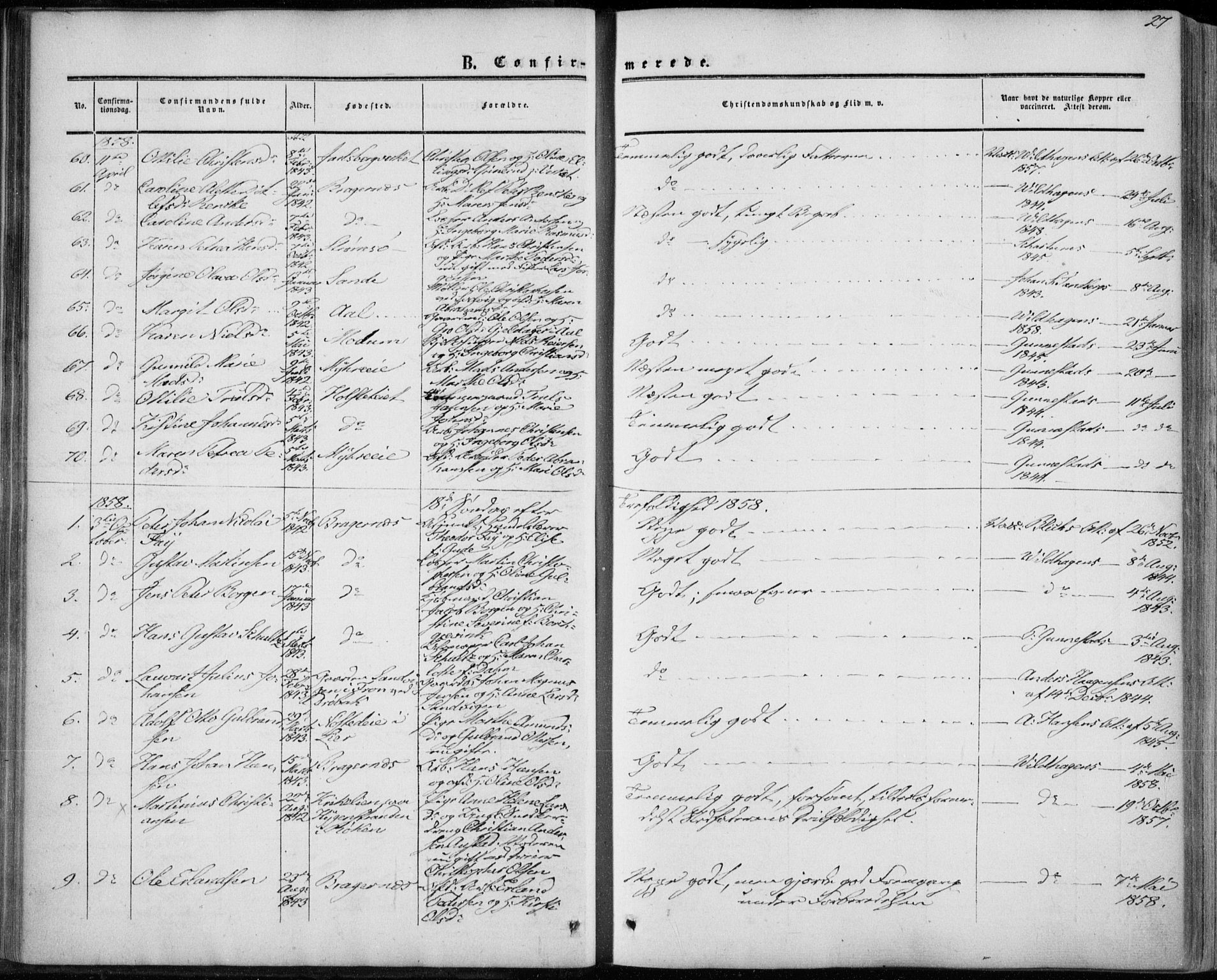 Bragernes kirkebøker, SAKO/A-6/F/Fc/L0002: Parish register (official) no. III 2, 1854-1865, p. 27